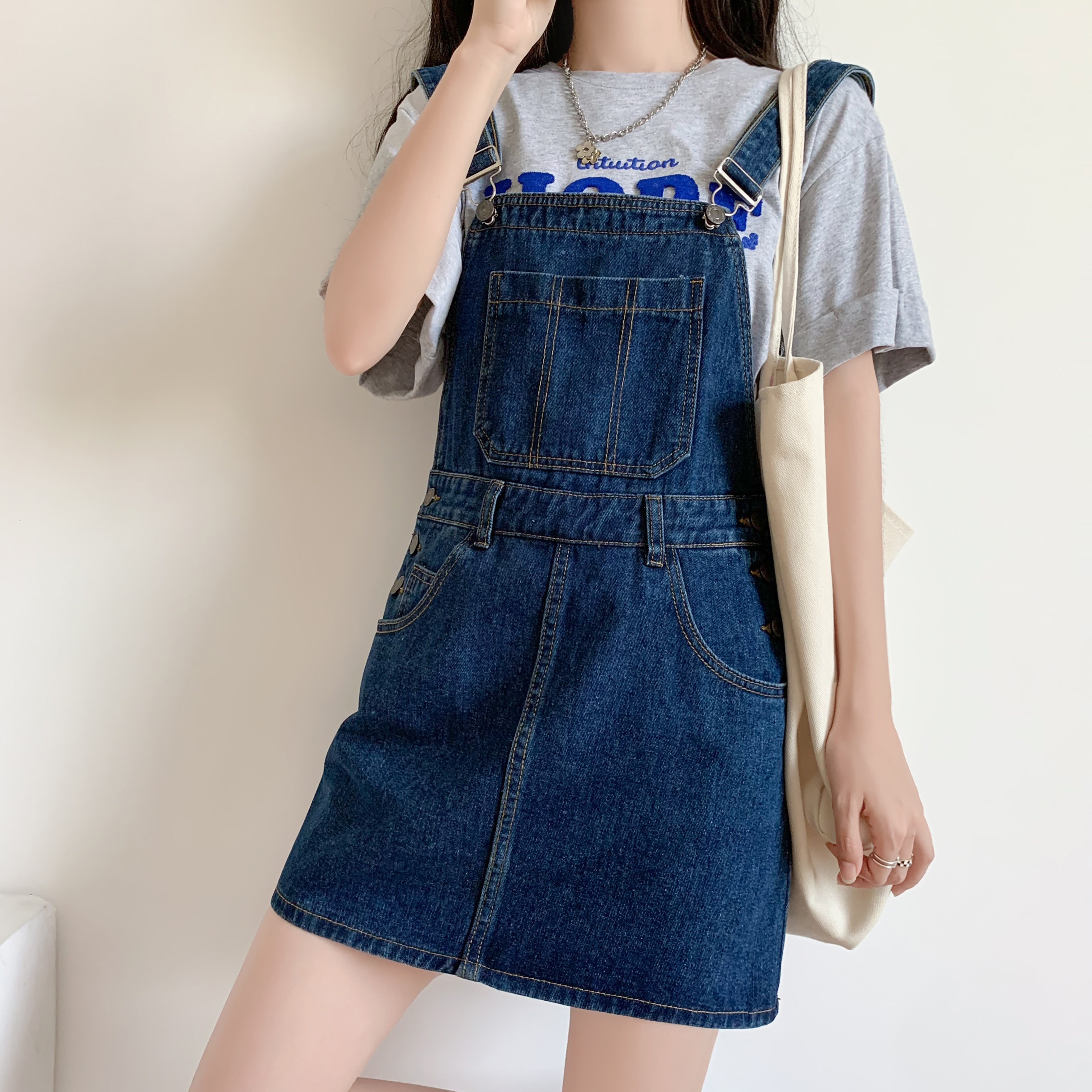 

Women's Summer Blue Denim Overall Dress, Cute Loose-fit Mini Dress With Adjustable Straps