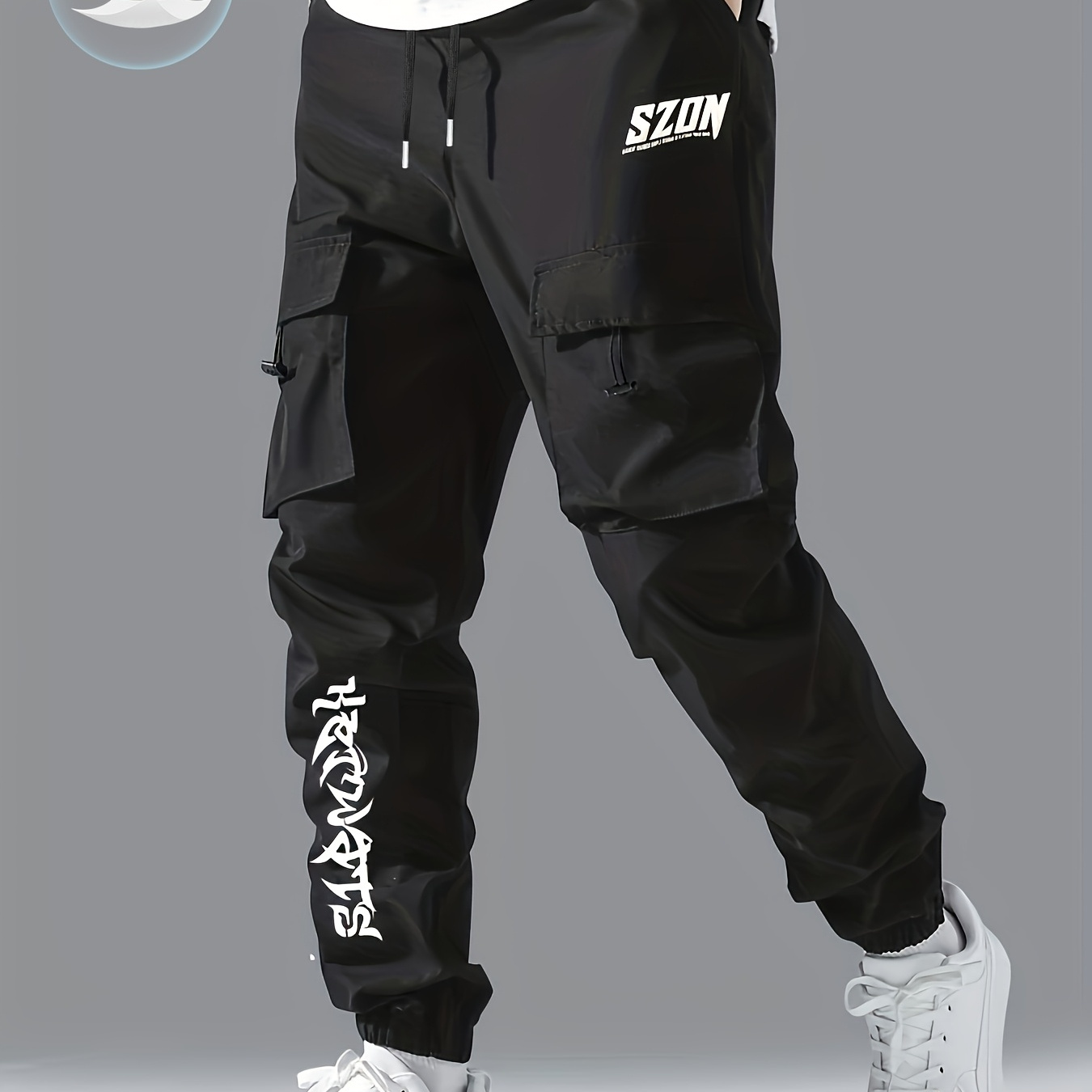 

Letter Print, Men's Drawstring Cargo Pants, Flap Pocket Loose Trendy Jogger Pants, Mens Work Pants