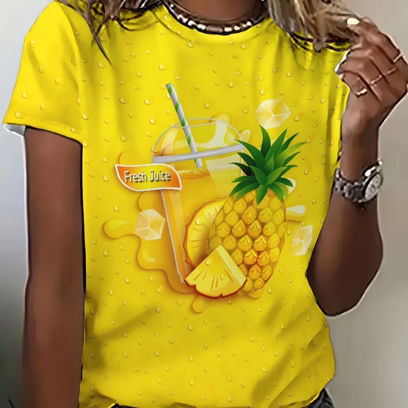 

Pineapple Fruit Graphic Round Neck Sports Tee, Causal Running Short Sleeve Top, Women's Activewear