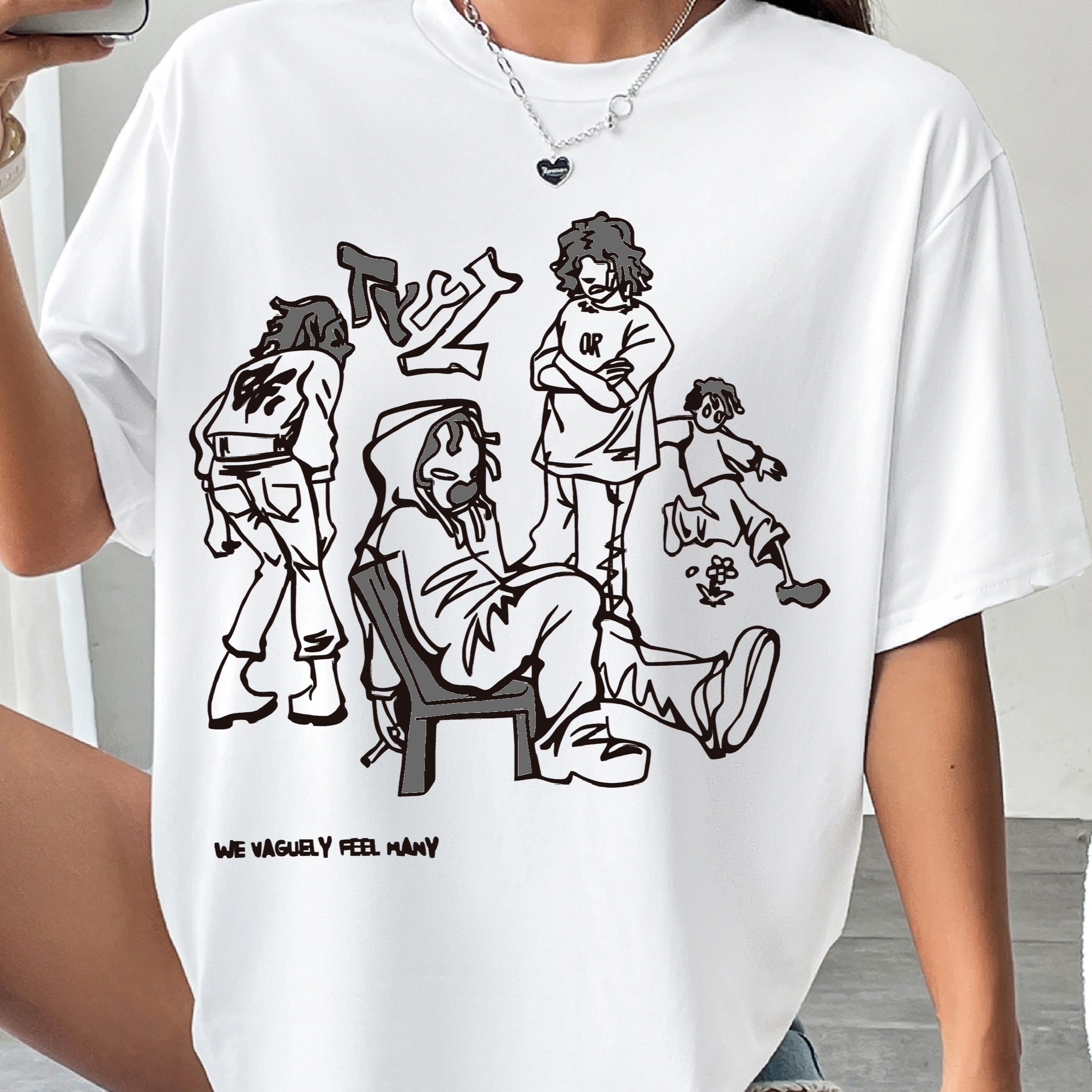 

Figure Print Drop Shoulder T-shirt, Short Sleeve Crew Neck Casual Top For Spring & Summer, Women's Clothing