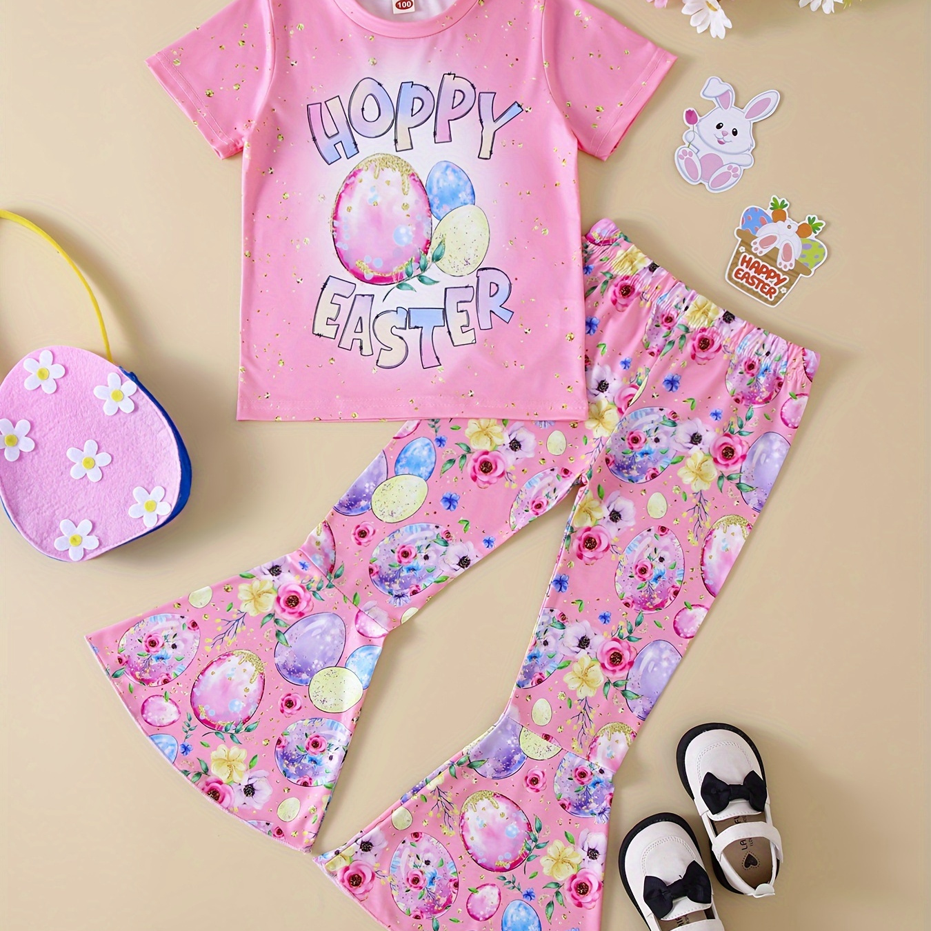 

Easter Girls Set Happy Easter Graphic Tee & Eggs Full Print Flare Leg Pants Holiday 2pcs Outfit
