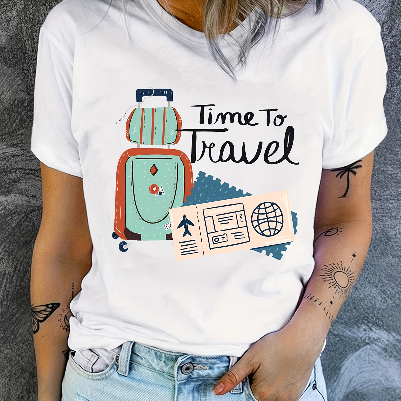 

Travel Print T-shirt, Casual Crew Neck Short Sleeve Top For Spring & Summer, Women's Clothing