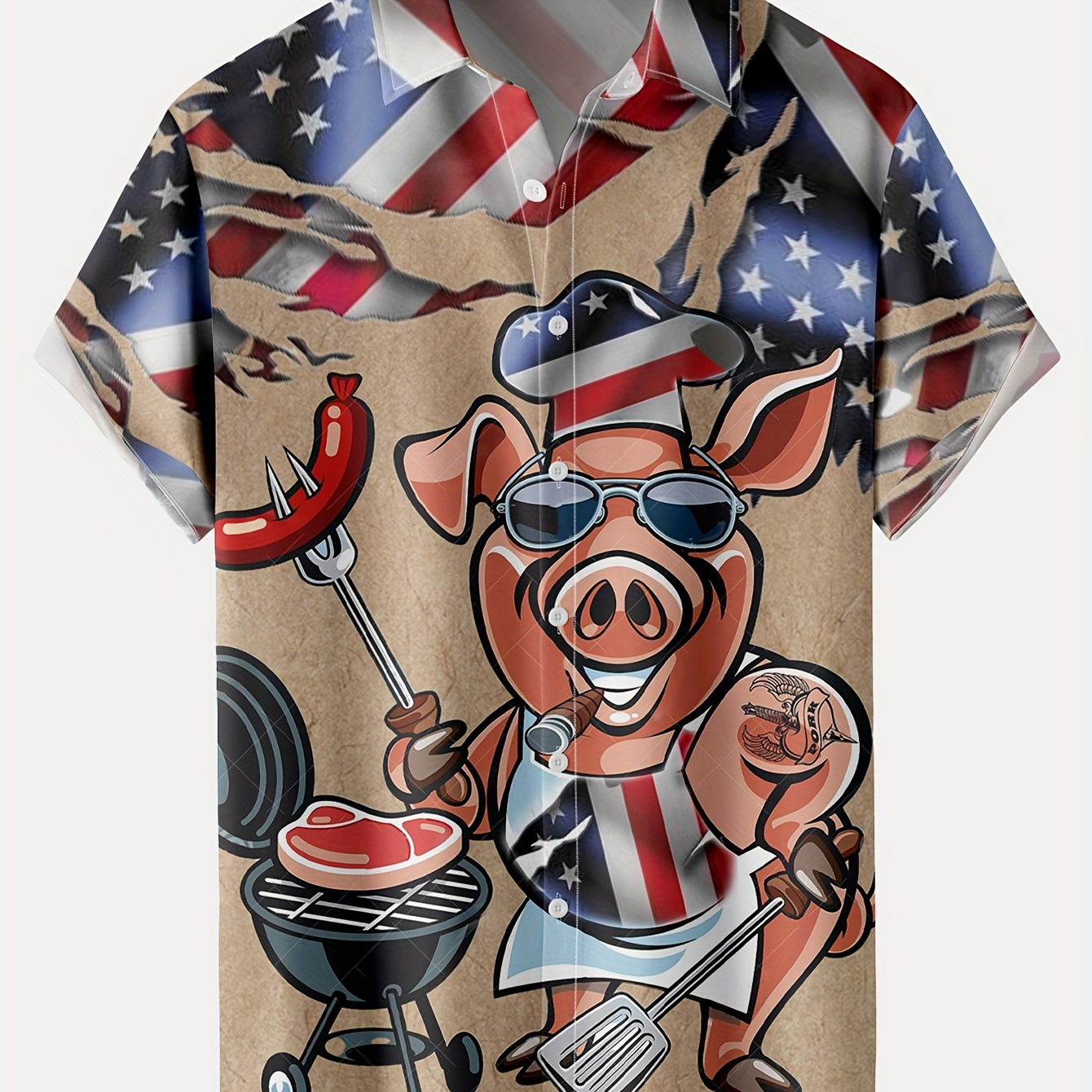 

American Flag Bbq Pig Printing Hawaiian Resort Casual Shirt, Plus Size Men's Stylish Lapel Collar Summer Clothing For Vacation/leisurewear