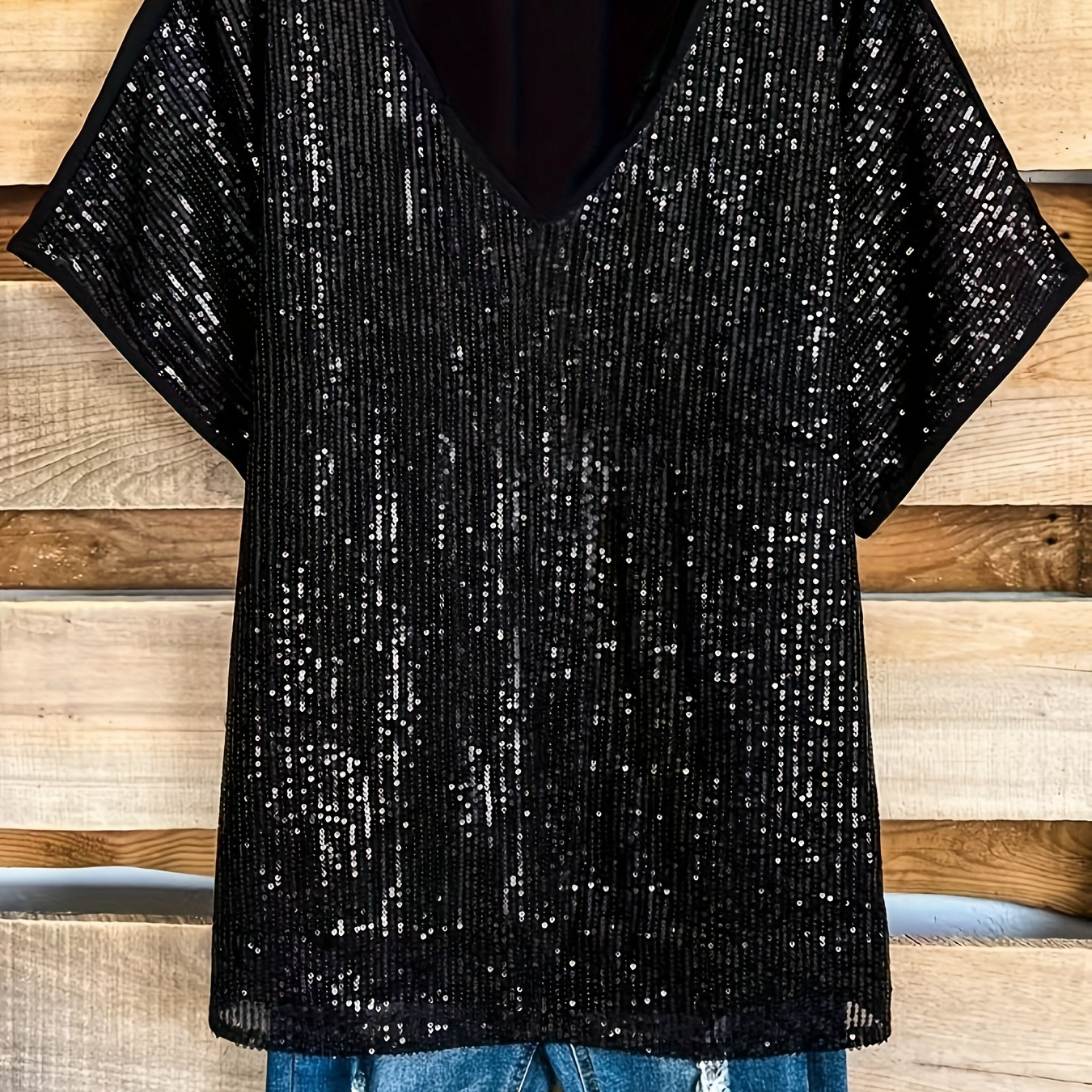 

Size Sequin Top, 100% Polyester V-neck Knit Fabric, Stretch, Solid Color, For Women, Spring/summer/fall