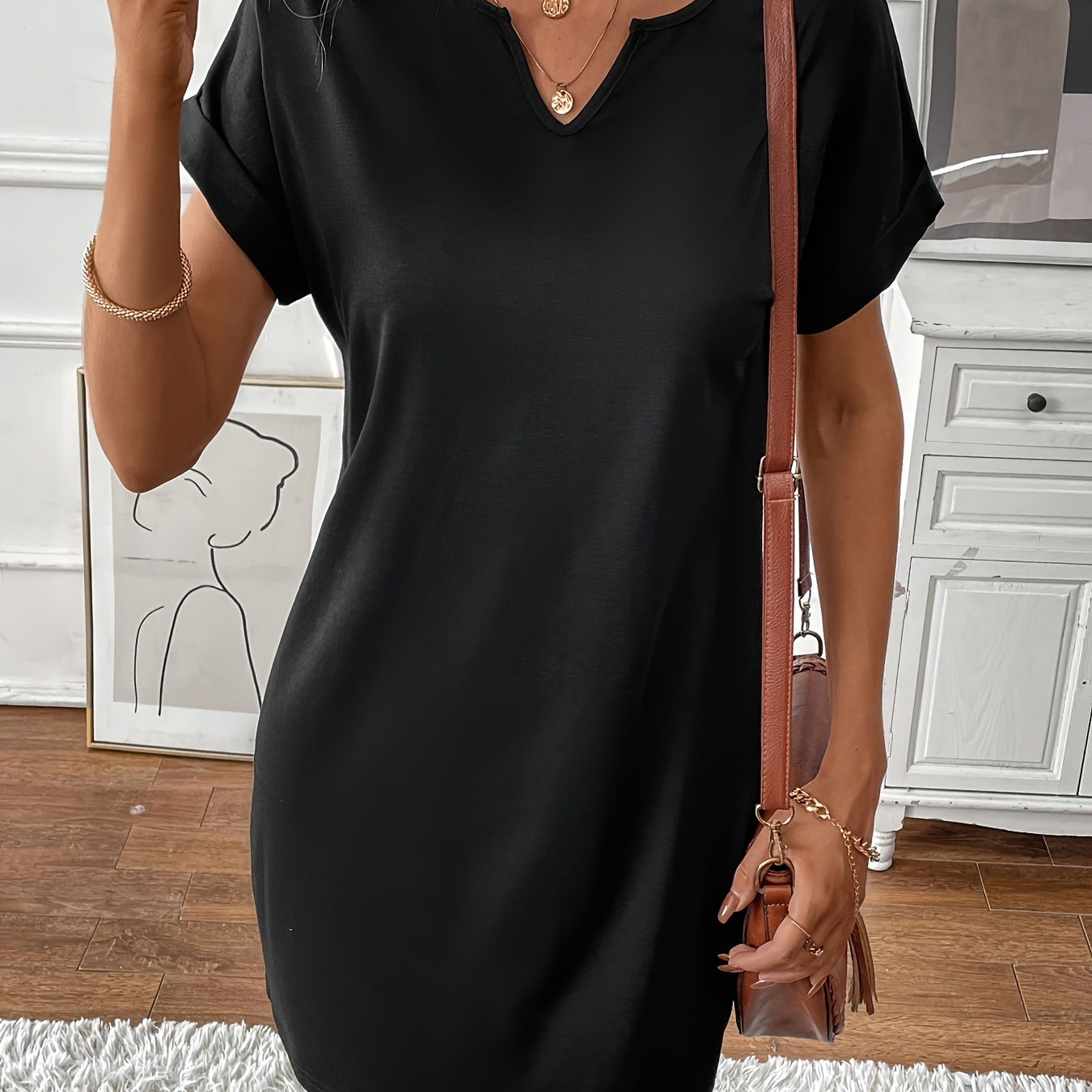 

Solid Color Notched Neck Dress, Elegant Batwing Sleeve Dress For Spring & Summer, Women's Clothing