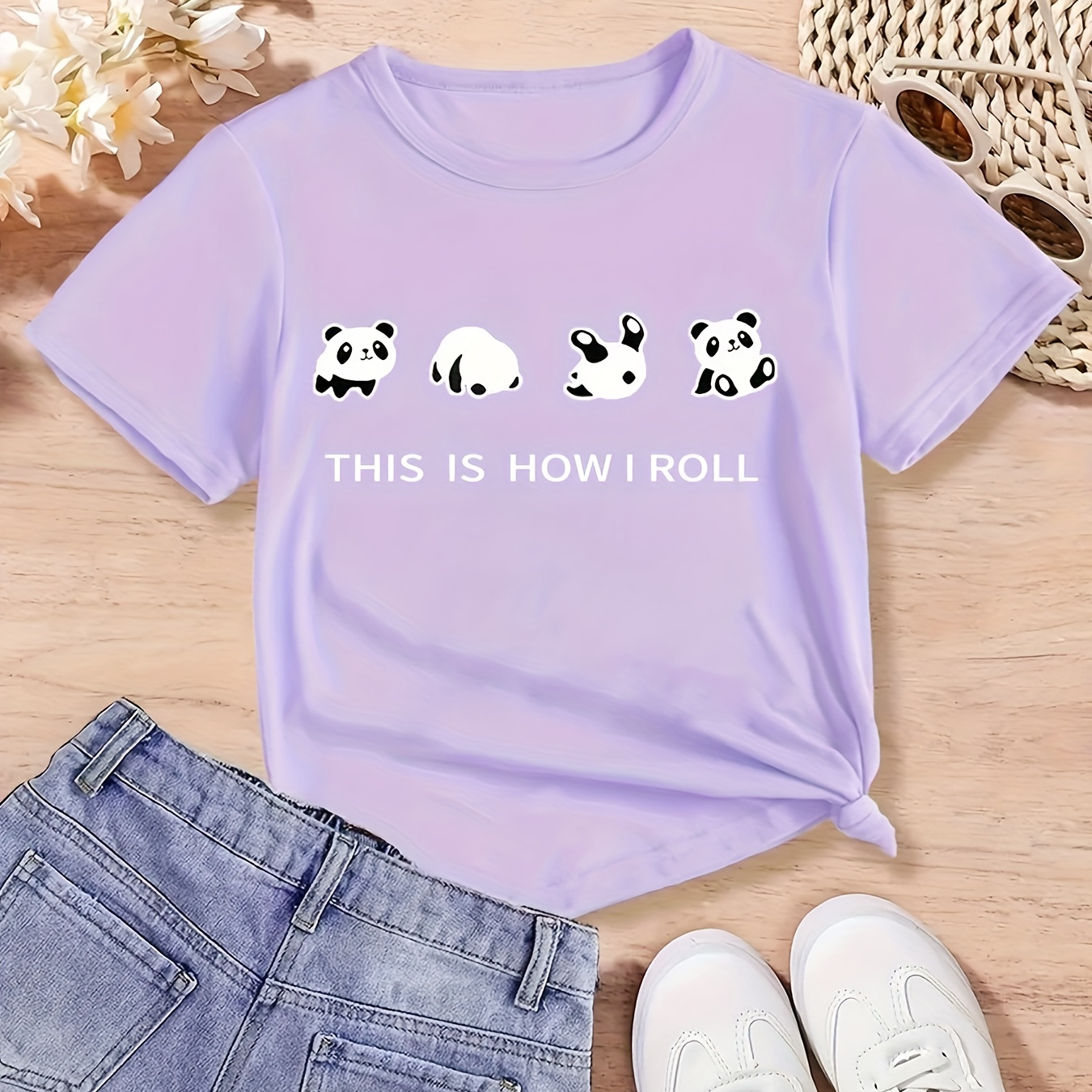 

Fun Rolling Pandas Graphic T-shirt For Girls, Cotton Comfy Short Sleeve Tee For A Trendy Look!