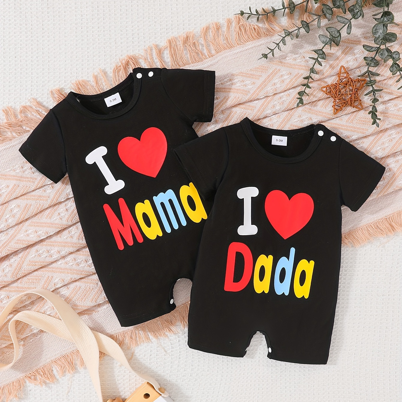 

2pcs Baby Boy's I Love Mama & I Love Print Romper, Short Sleeve Comfortable Summer Shoulder Button Bodysuit