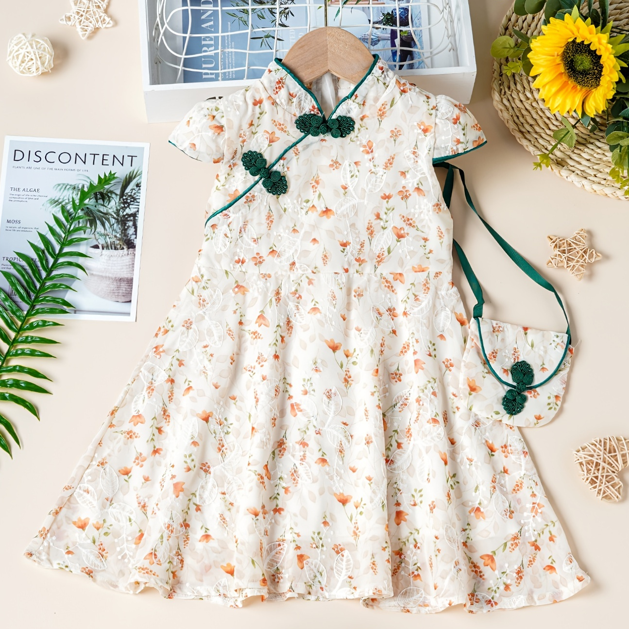 Girls Elegant Vintage Cheongsam Dress Mandarin Collar Chiffon Floral