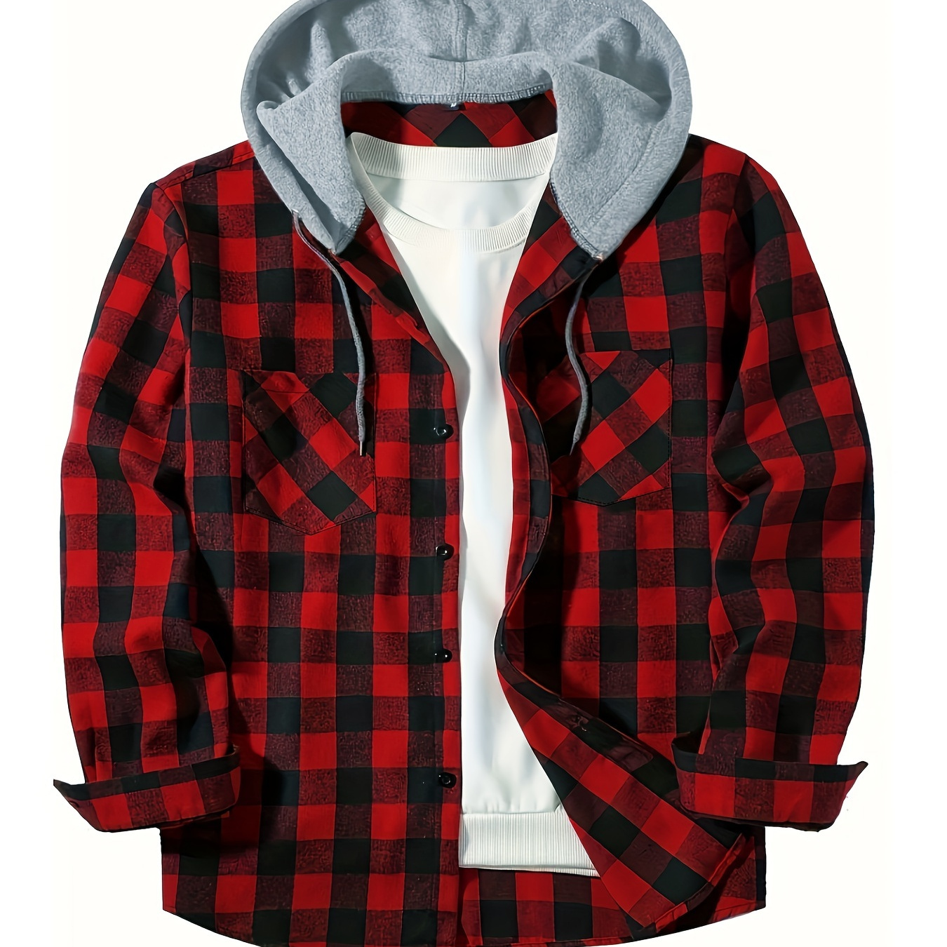 

1pc Style Men's Hooded Shirt - Casual Fall/winter Flannel Check Button-up With Soft Fleece Lined Hood, Polyester 70% Rayon 30%, Long Sleeve Woven Shirt For Home And Travel