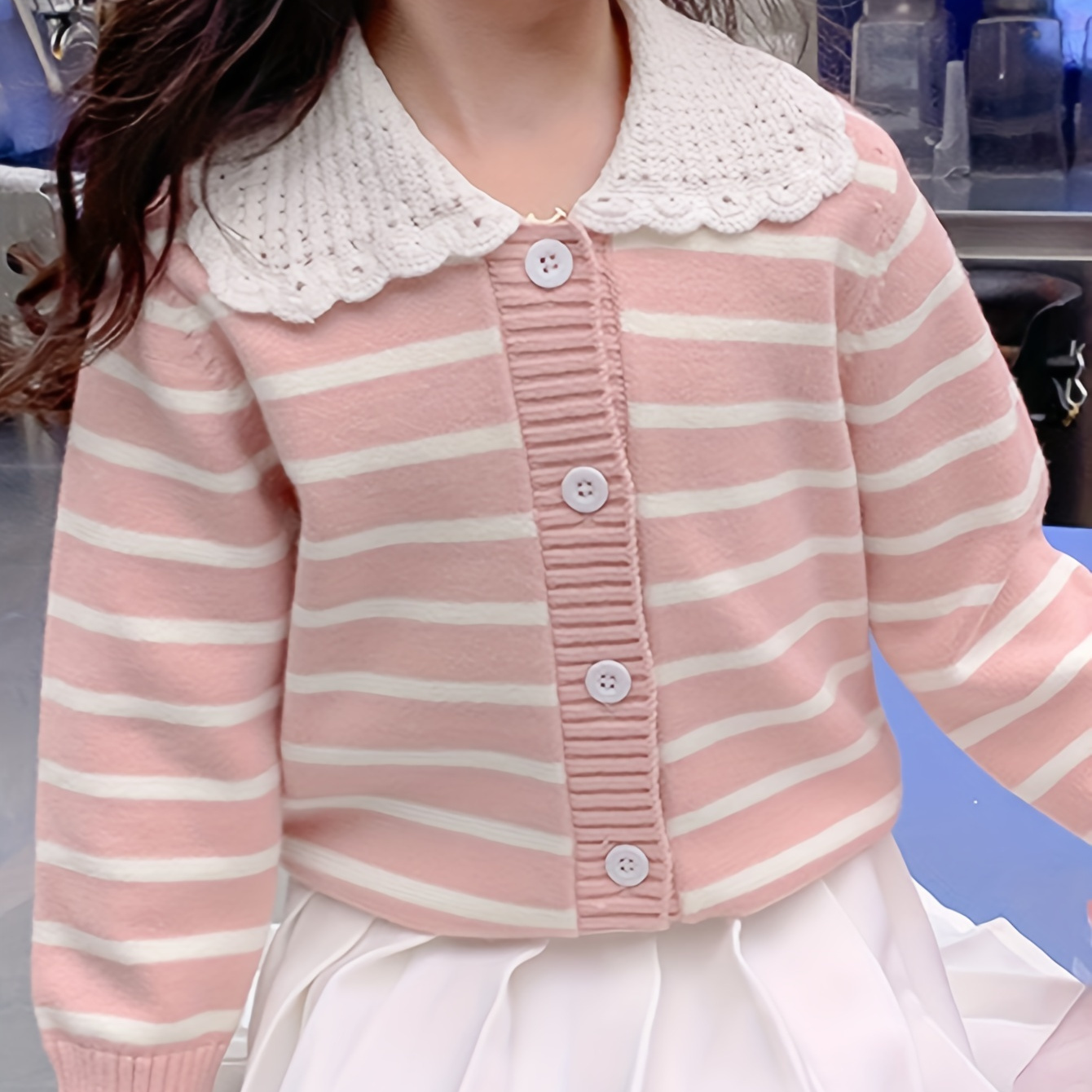 

Sweet Striped Lapel Knit Cardigan For Girls, Button-up Long Sleeve Casual Sweater Coat 1pc