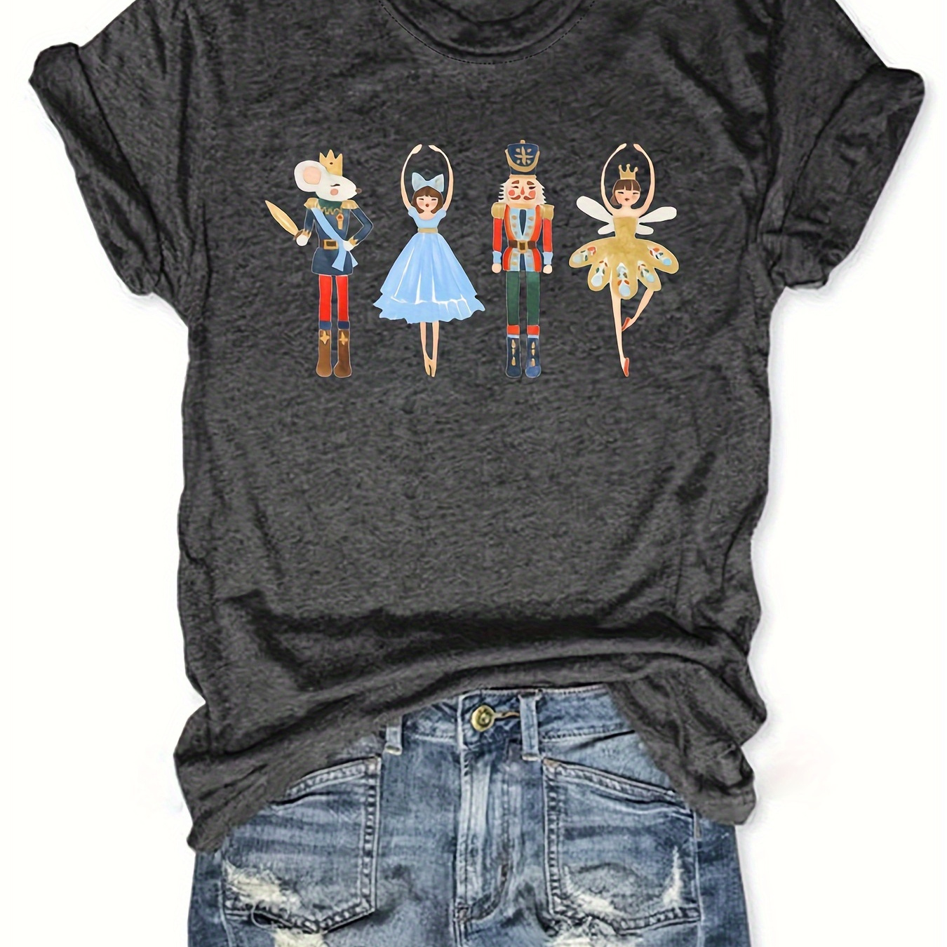 

Cartoon Print Crew Neck T-shirt, Casual Short Sleeve T-shirt For Spring & Summer, Women's Clothing