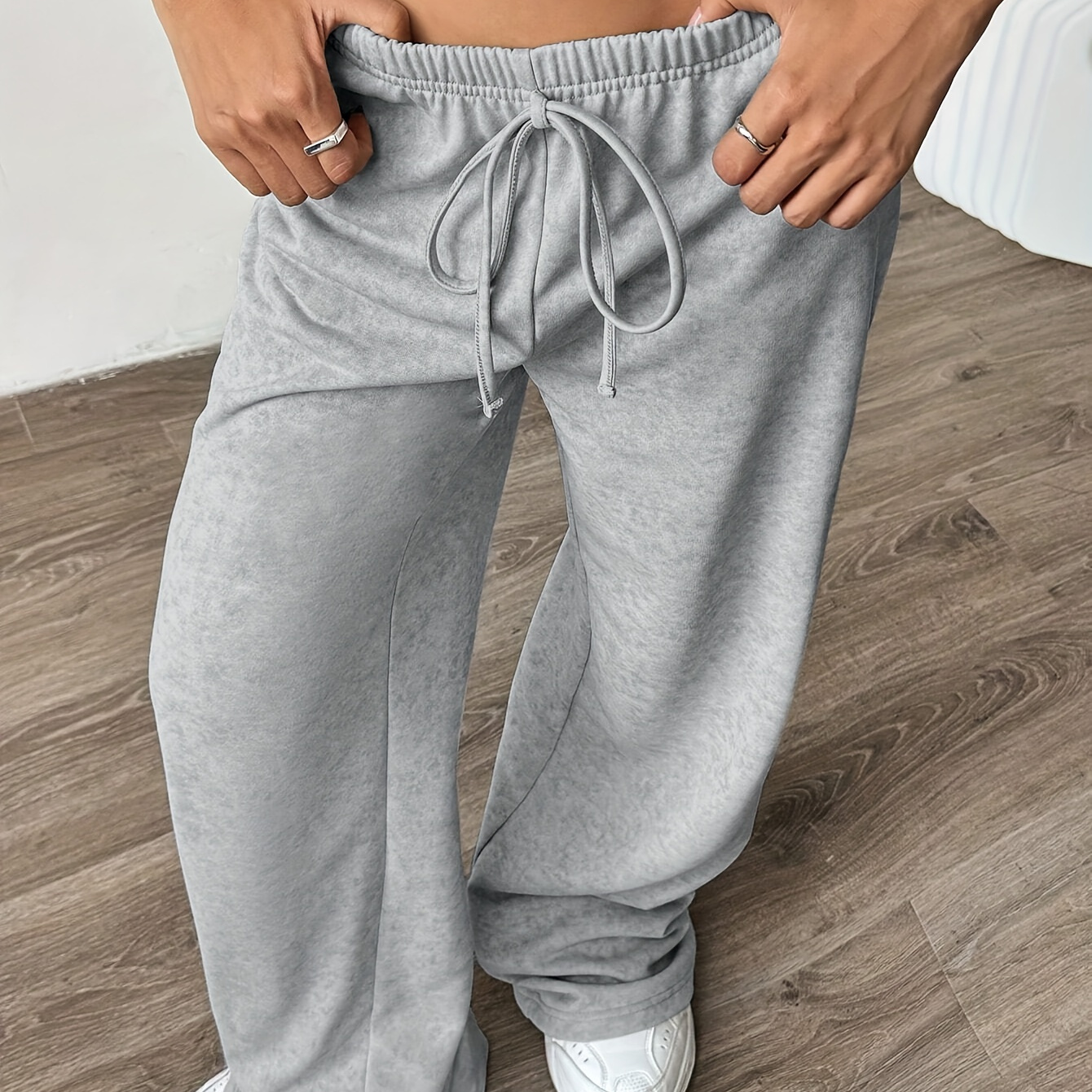 

Women's Elegant Knit Polyester Sweatpants With Pockets And Fake Drawstring, Solid Color Wide Leg Sports Casual Pants For Fall/winter