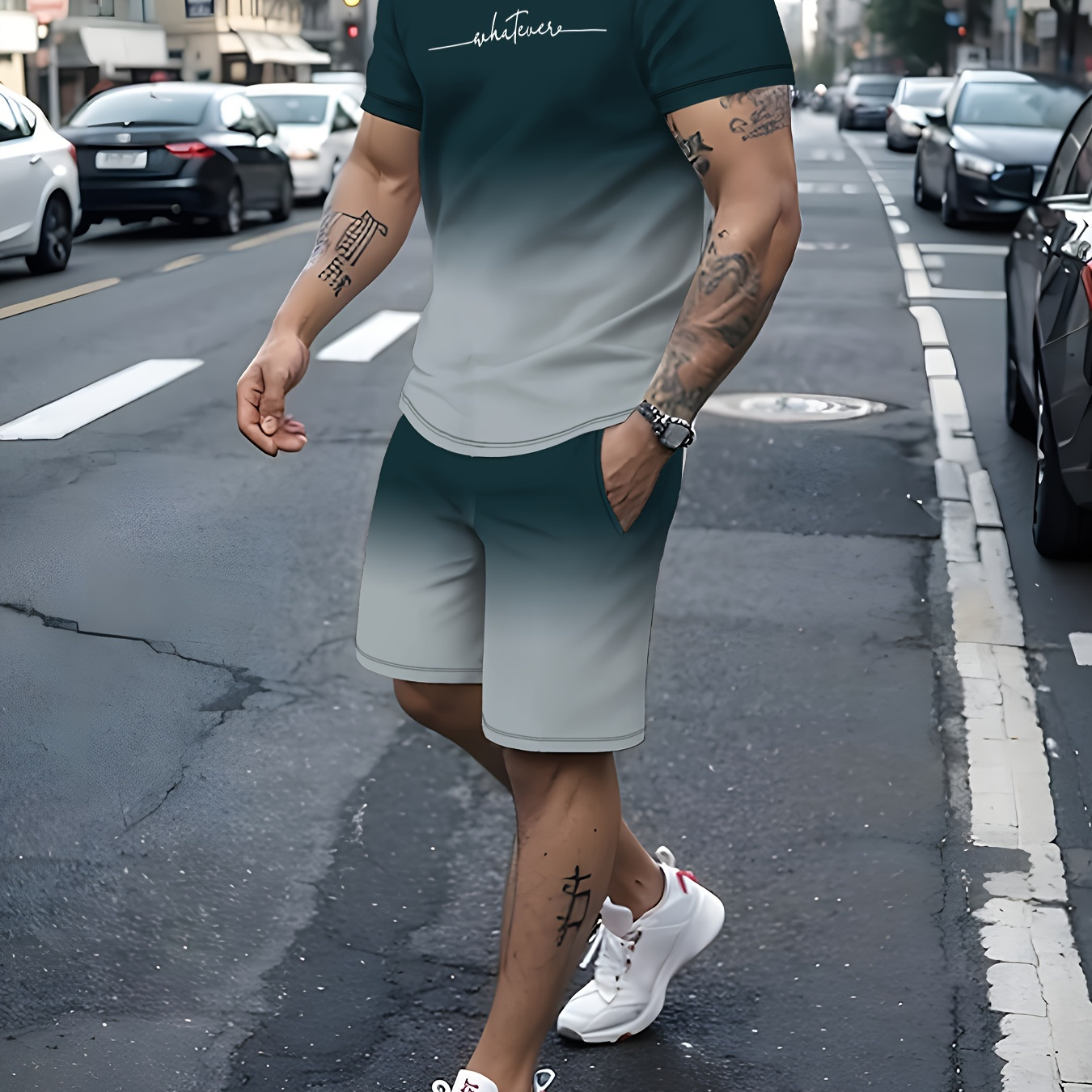 

Men's Outfit, Gradient Color Whatever Graphic Print Casual Crew Neck Short Sleeve T-shirt & Drawstring Shorts 2-piece Set For Summer Outdoor Activities