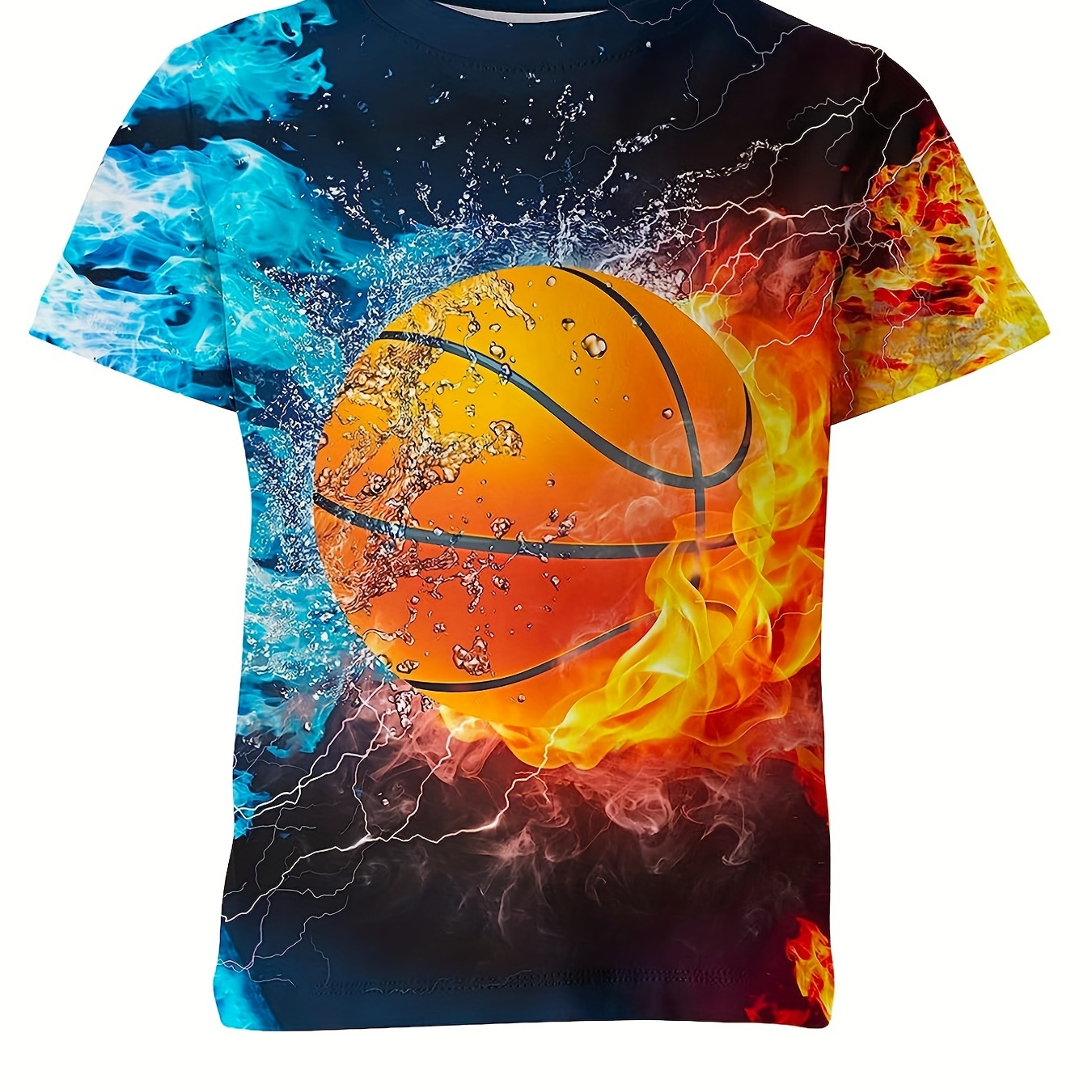 Boy's Flaming Basketball Graphic T-shirt, 3D Digital Print Active Short Sleeve Tee, Kid's Clothing For Summer Outdoor