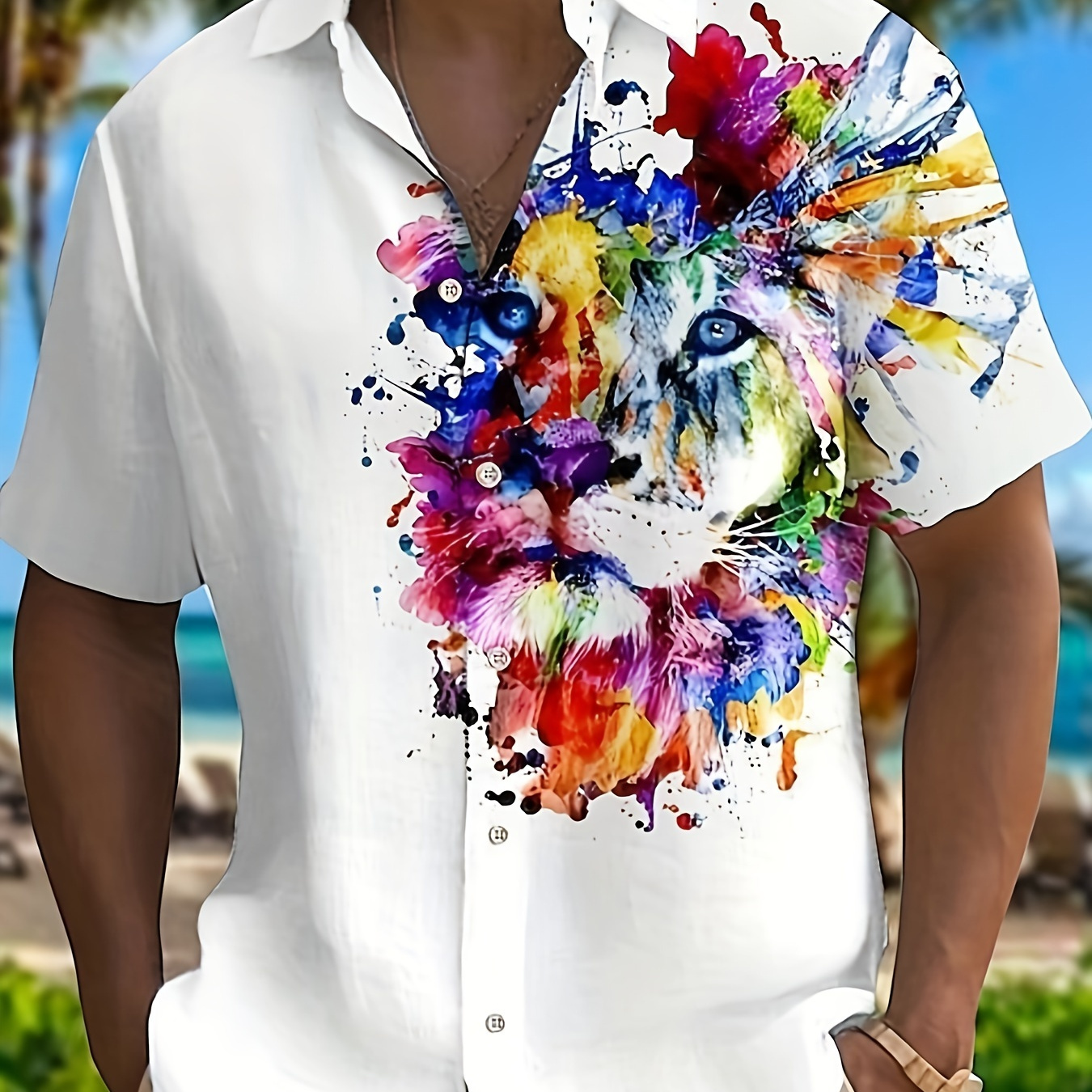 

Colorful Lion Print Men's Summer Fashionable And Simple Short Sleeve Button Casual Lapel Shirt, Trendy And Versatile, Suitable For Dates, Beach Holiday, As Gifts