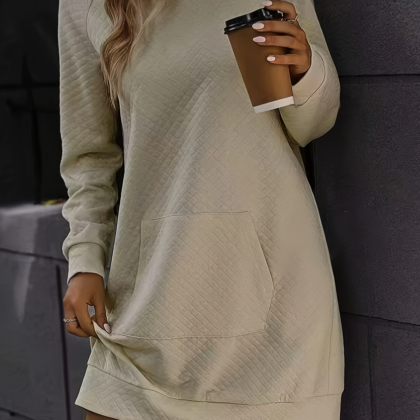 

Chic Diamond-quilted Wrap Dress For Women - Long Sleeve, High Neck With Button Detail, Fall/winter