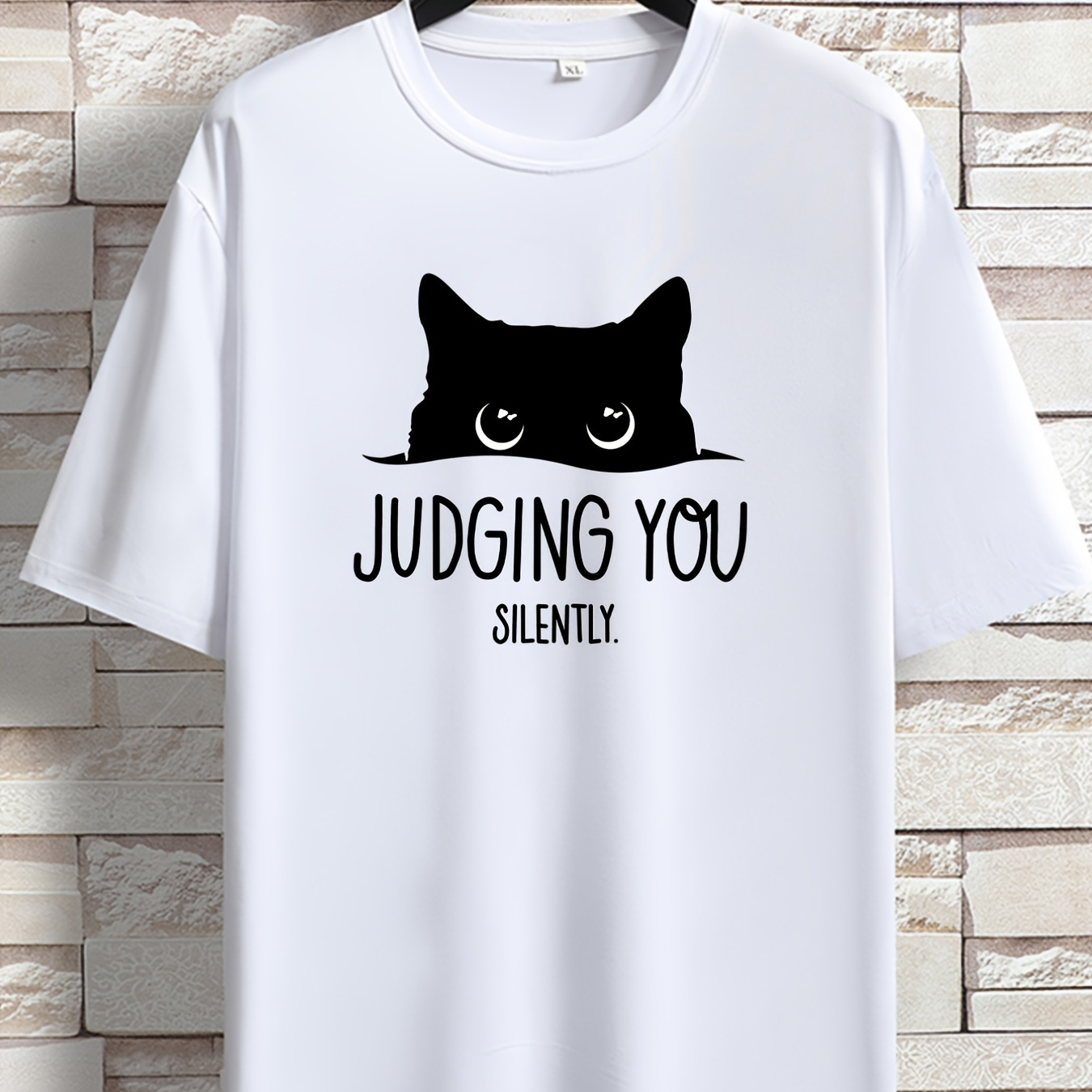 

Men's 'judging You Silently' Cat Print Loose T-shirt, Oversized Short Sleeve Crew Neck Tops, Plus Size Casual Clothing For Spring Summer, Plus Size Women & Men Clothes Best Sellers Gifts