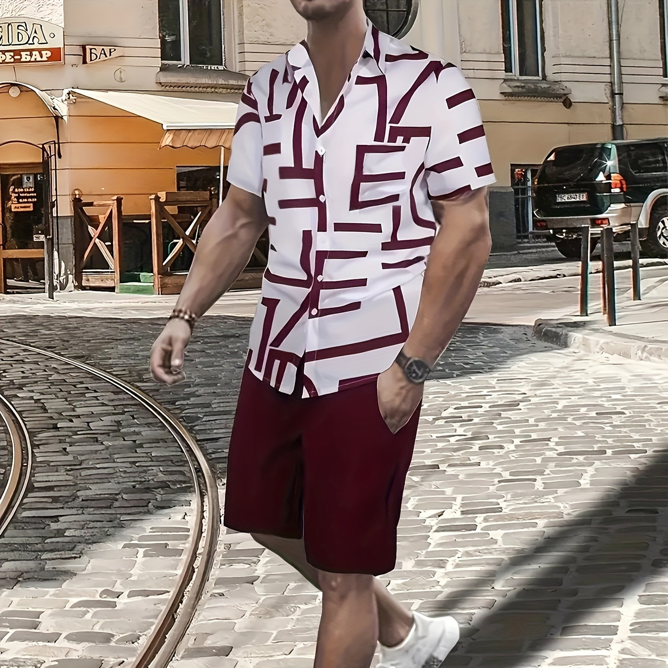 

2-piece Men's Stylish Summer Vacation Outfit Set, Men's Alphabets Print Short Sleeve Lapel Shirt & Solid Pocket Shorts Set