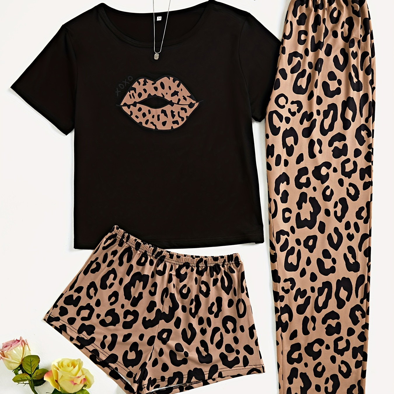 

3pcs Lips & Leopard Print Pajama Set, Breathable Short Sleeve Slight Stretch Top + Loose Shorts + Long Pants, Women's Loungewear & Sleepwear