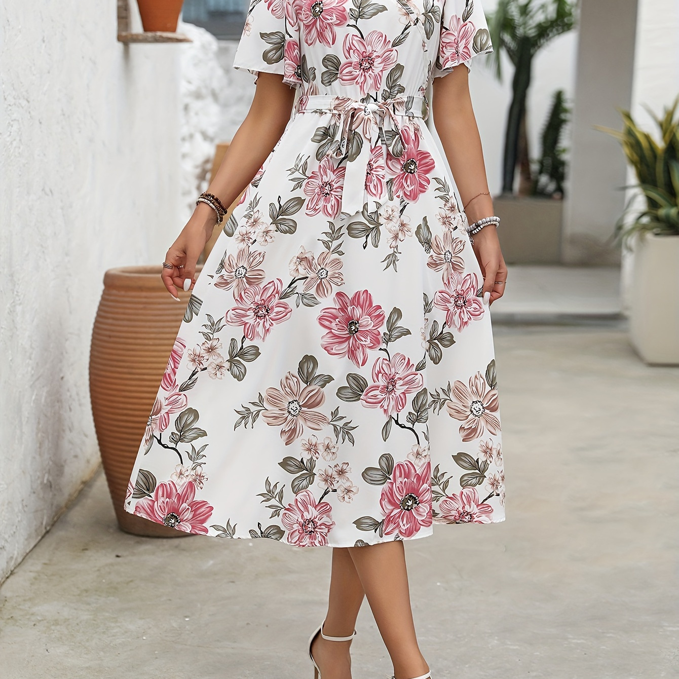 

Floral Print V Neck Dress, Elegant Short Sleeve Belted A-line Dress For , Women's Clothing