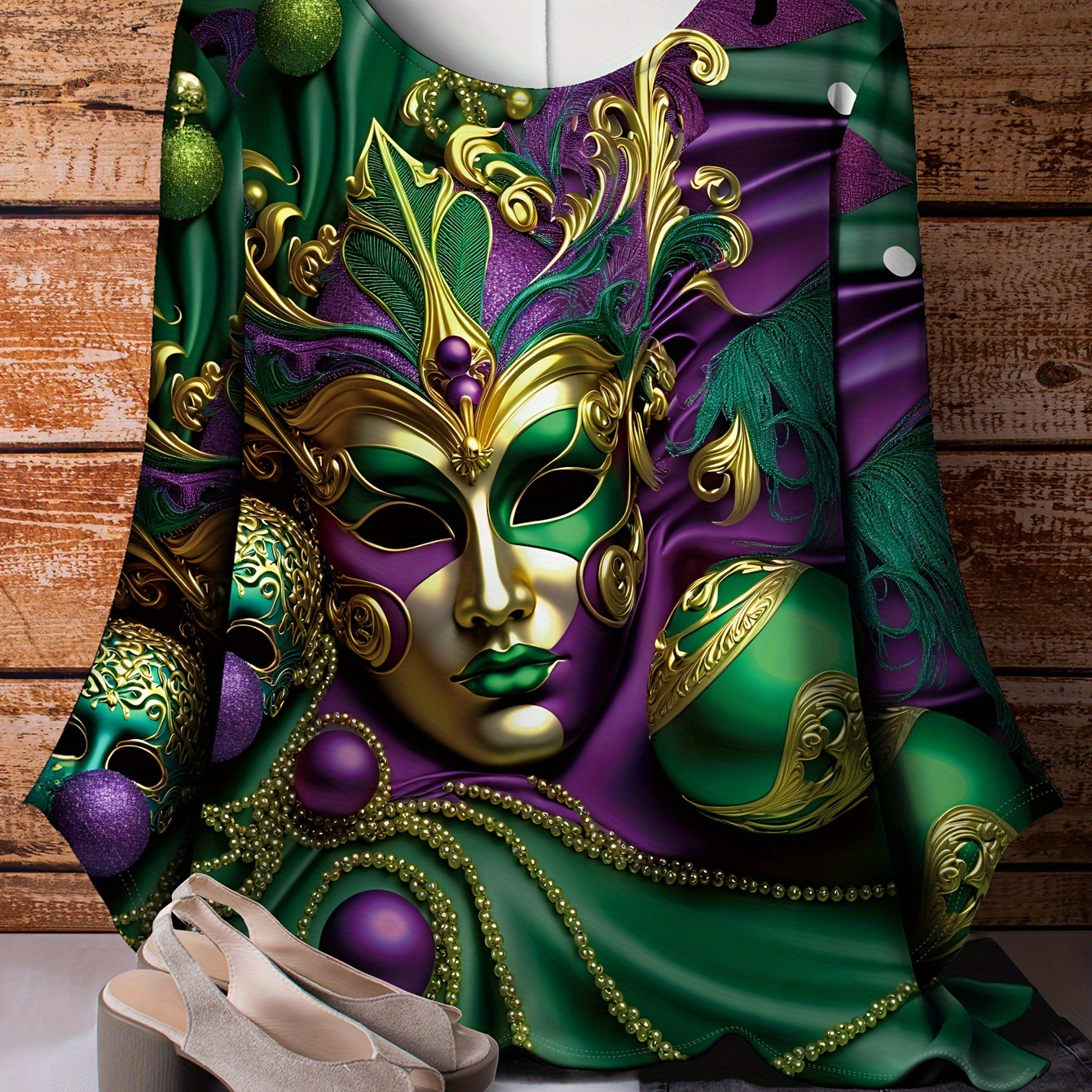 

Plus Size Mardi Gras Mask Print T-shirt, Casual Crew Neck Long Sleeve Top For Spring & Fall, Women's Plus Size Clothing