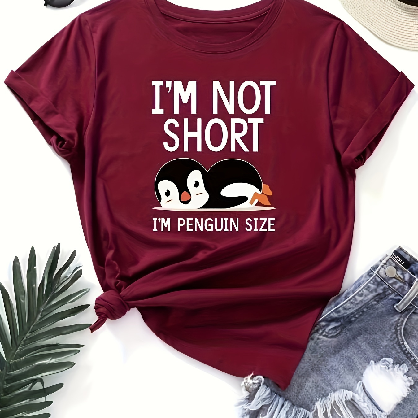 

Cute Penguin Crew Neck Short Sleeve T-shirt, Casual Loose Summer Comfy T-shirt, Women's Clothing