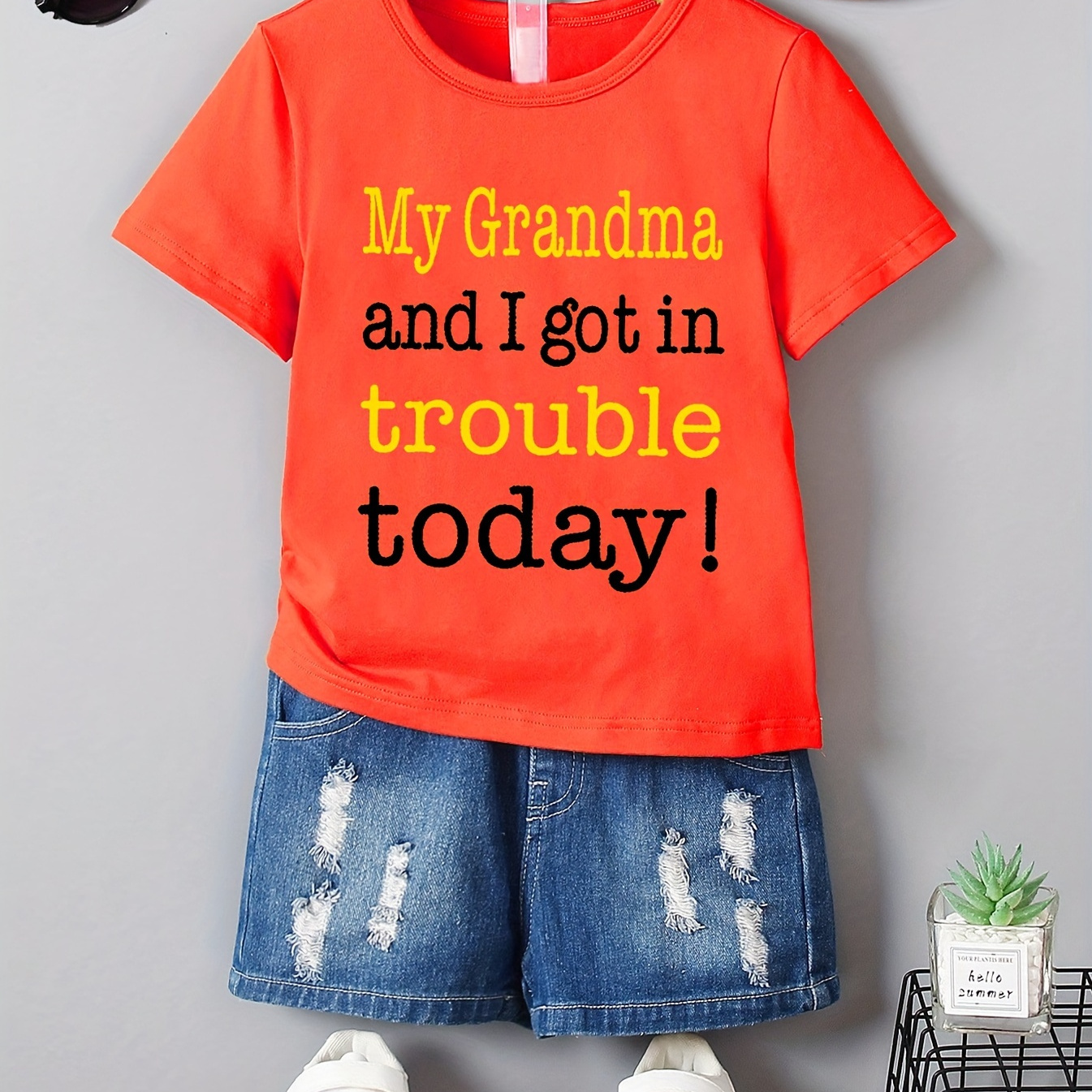 

My Grandma And I Letters Print T-shirt, Creative Short Sleeve Crew Neck Casual Daily Tops, Boy's Clothing