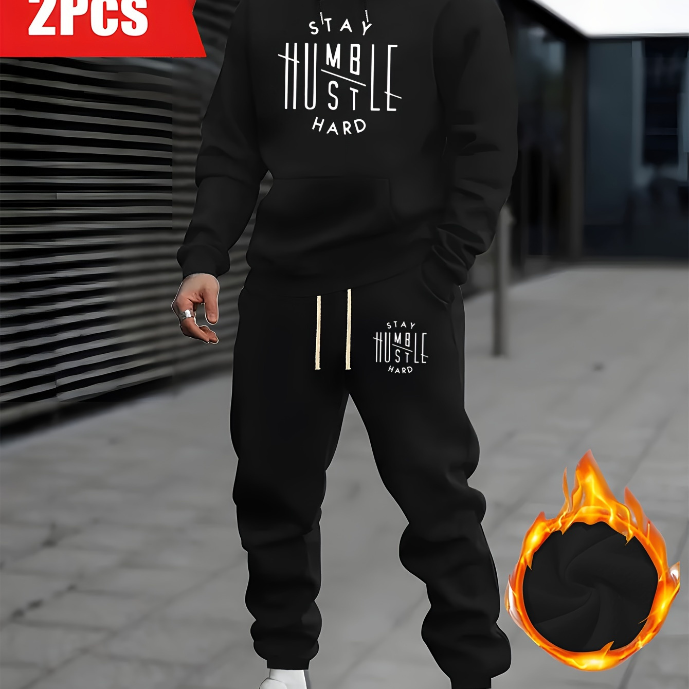 

2pcs Men' Casual Sports Outfit Set, " , " Print, Thickened Long Sleeve Hoodie With Drawstring Pockets And Joggers, Polyester , Loose Fit, For Spring/summer/autumn/winter Outdoor Wear