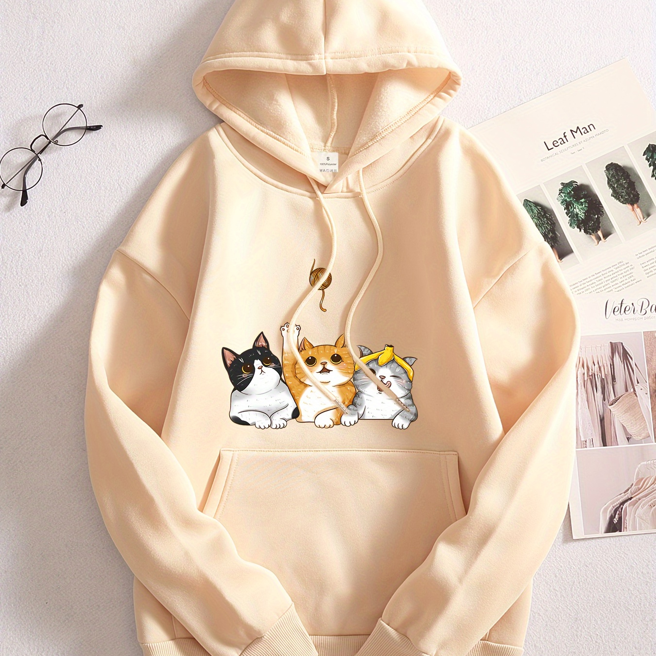 

Cats Print Hoodie, Drawstring Casual Hooded Sweatshirt For Winter & Fall, Women's Clothing