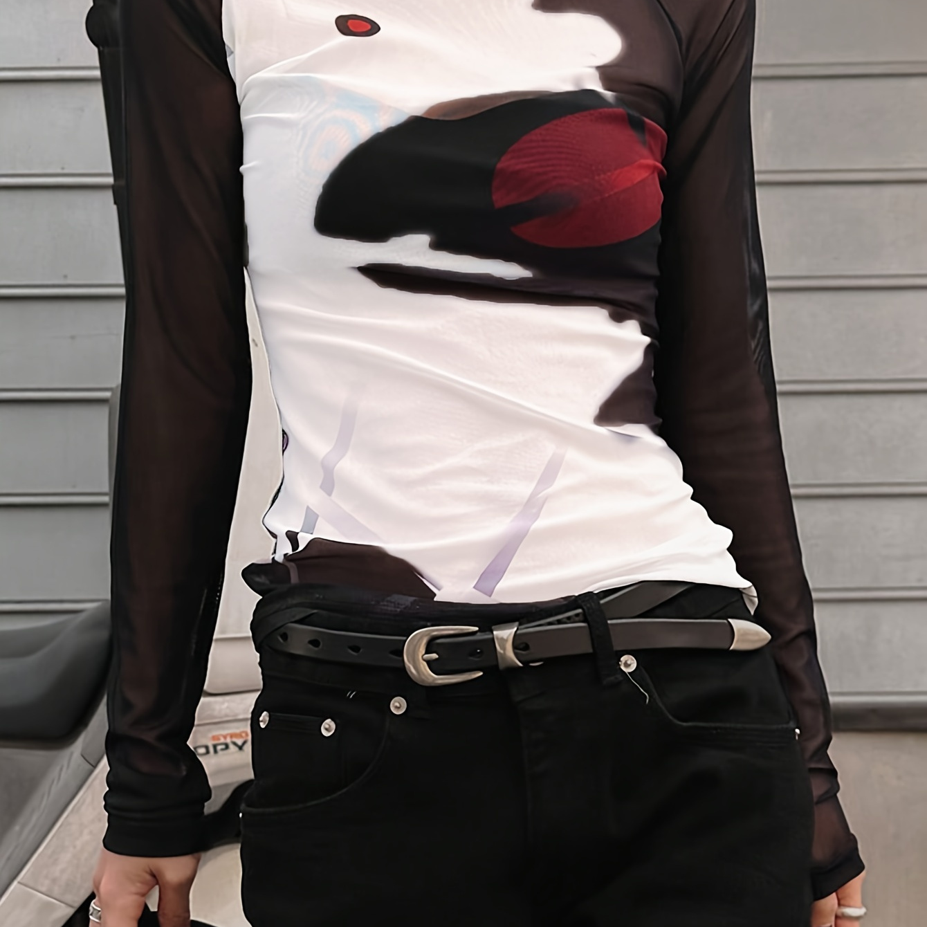 

Color Block Irregular Print Spring/summer Mesh Long Sleeve Top