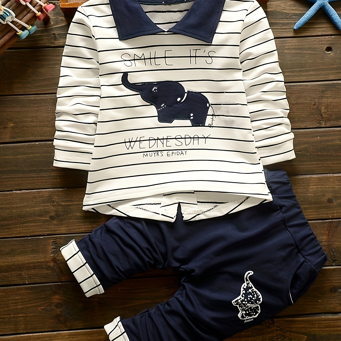 

2pcs Baby's "it's Wednesday" Print Long Sleeve Set, Elephant Patched Top & Pants, Baby Boy's Clothing, As Gift
