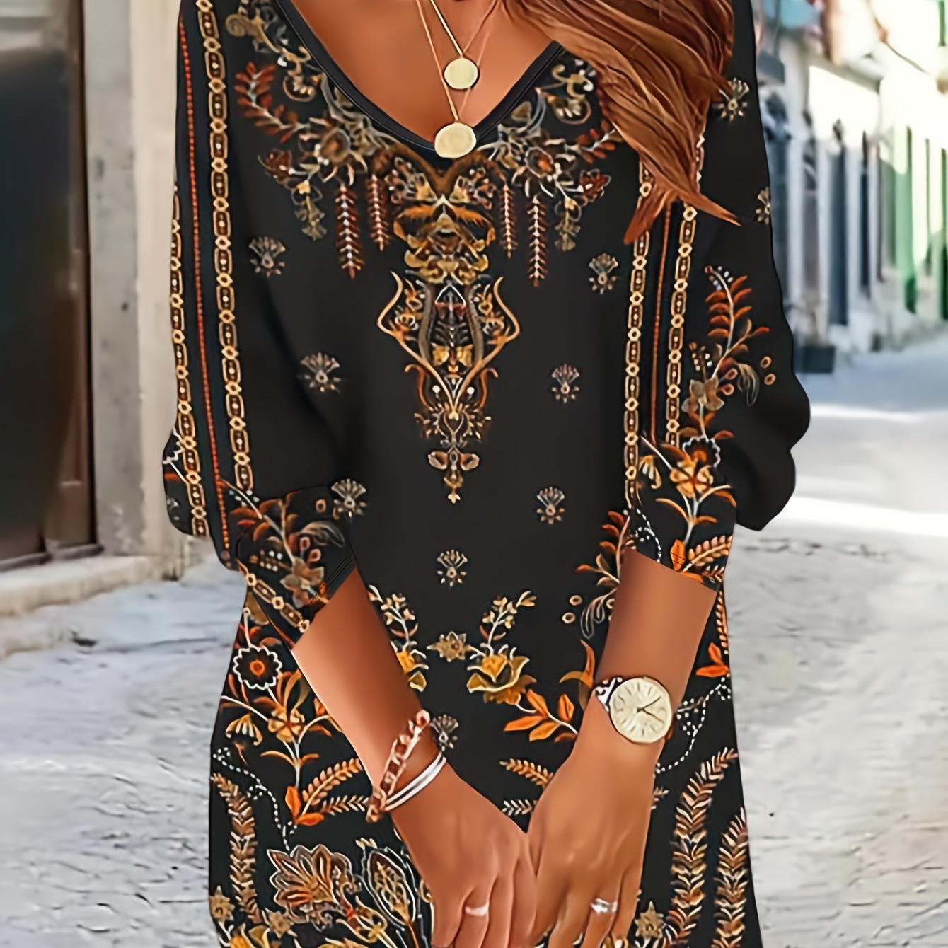 

Bohemian Goddess Vintage Style Long Sleeve Dress - Dacron & Spandex Knit Fabric, 95% Polyester 5% Elastane, V-neck, Tribal Paisley Pattern, Fall/winter Peplum Dress For Women