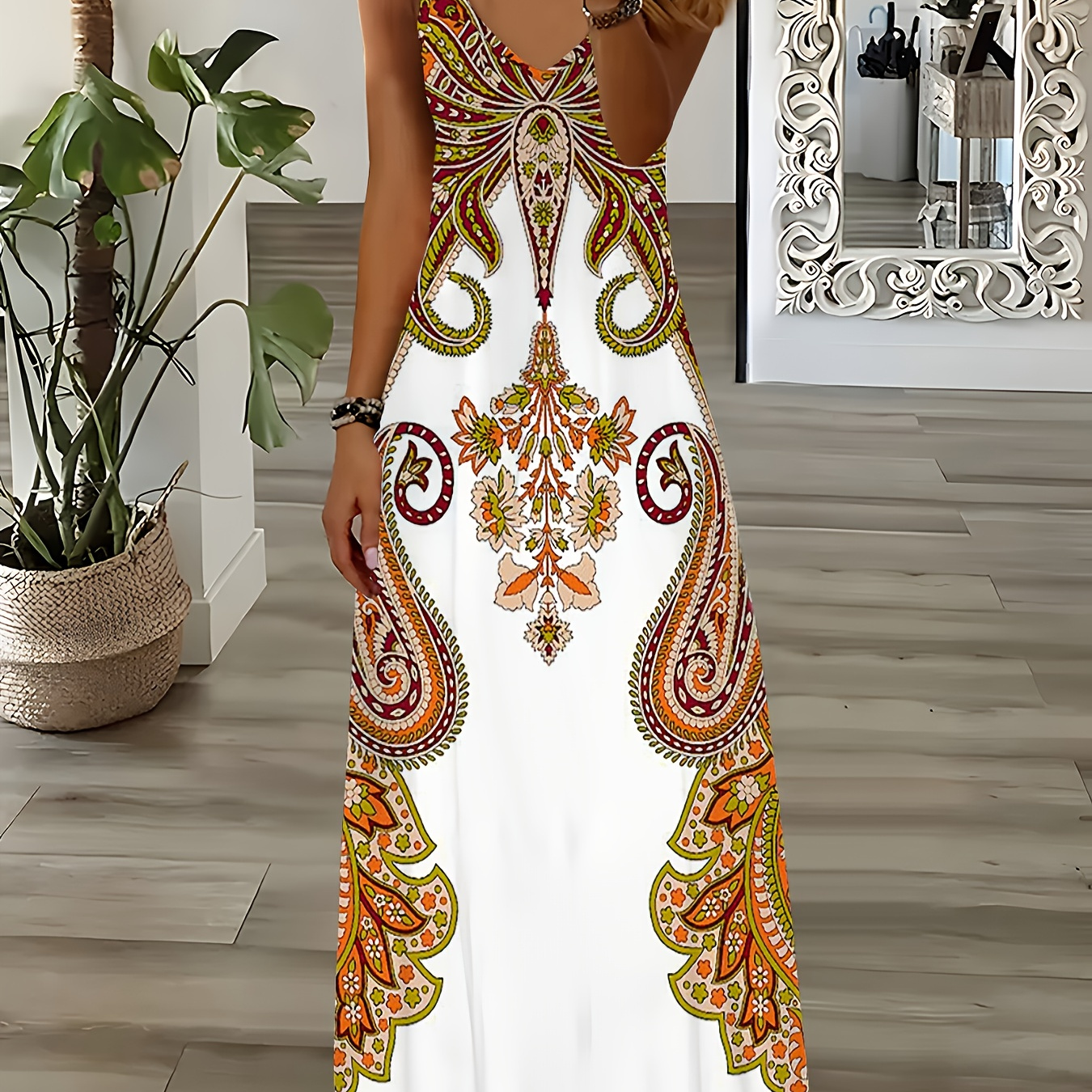 

Ethnic Print Spaghetti Strap Dress, Vacation Style Sleeveless A-line Maxi Dress For Spring & Summer, Women's Clothing