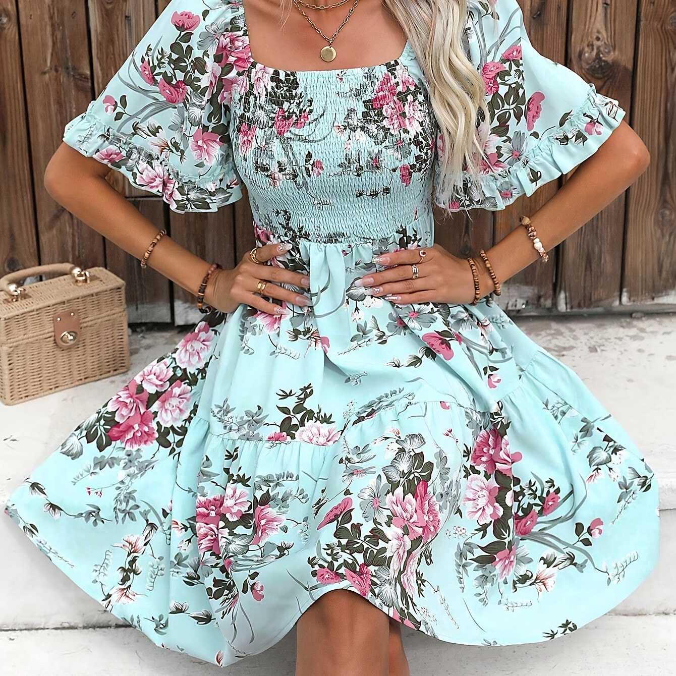 

Floral Print Square Neck Dress, Vacation Style Ruffle Sleeve Shirred Bust A-line Dress, Women's Clothing