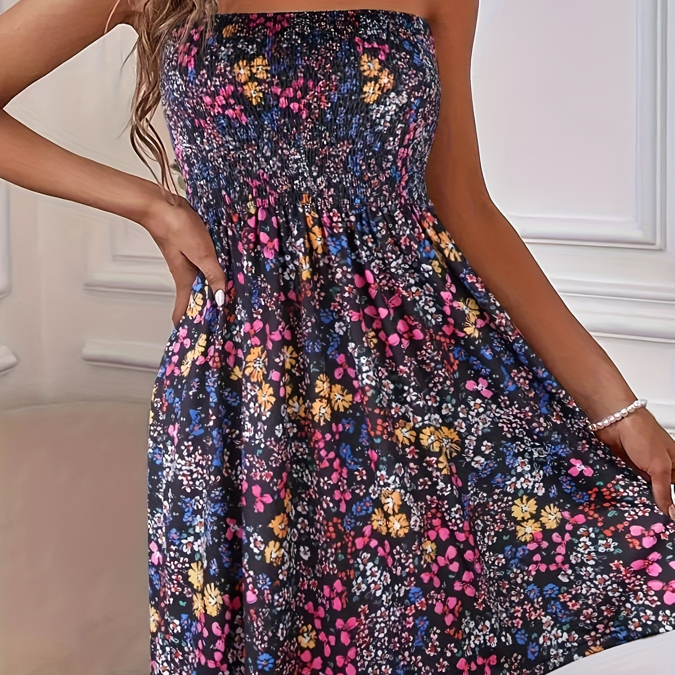 

Floral Print Shirred Tube Dress, Casual Strapless A-line Dress, Women's Clothing
