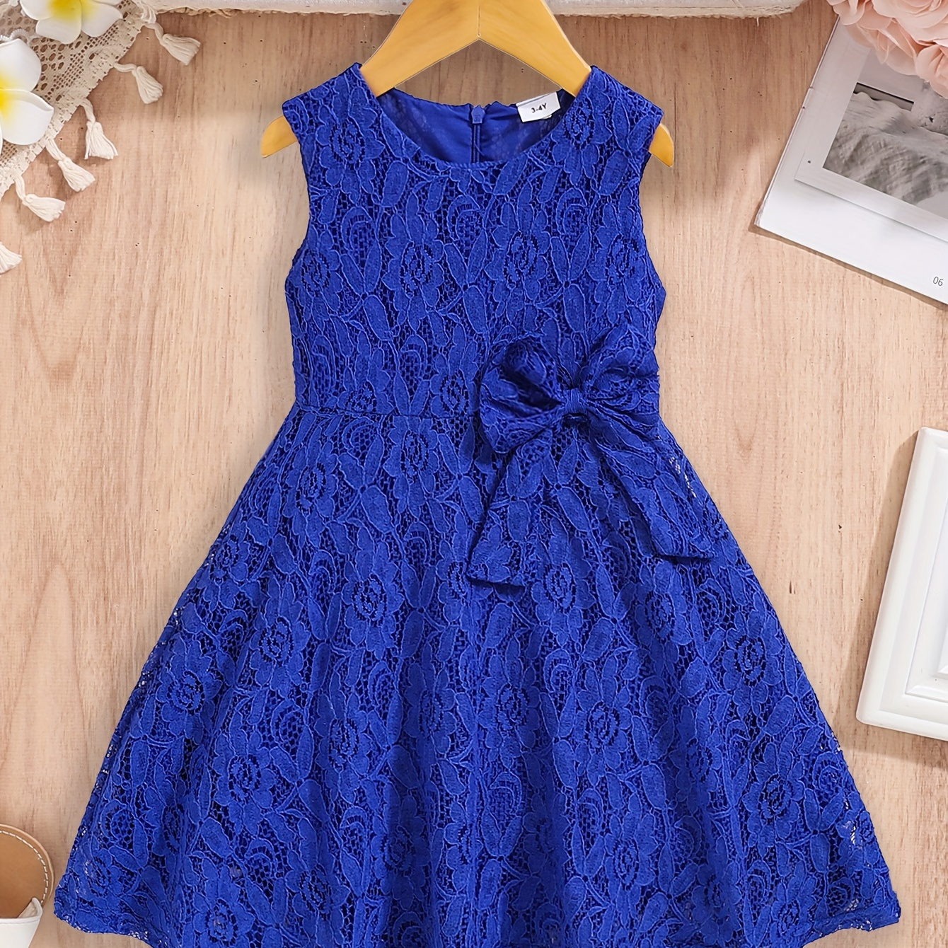

Sleeveless Lace Dress For Girls, Gorgeous Style Bowknot Front Party Casual Dress For 3-10y