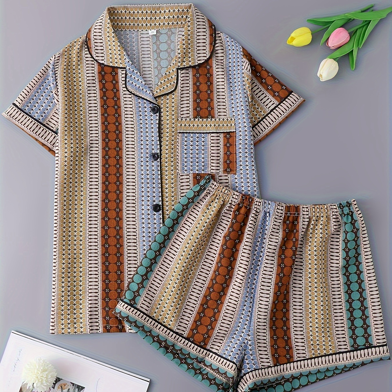 

Women's Patchwork Print Retro Pajama Set, Short Sleeve Buttons Lapel Top & Shorts, Comfortable Relaxed Fit