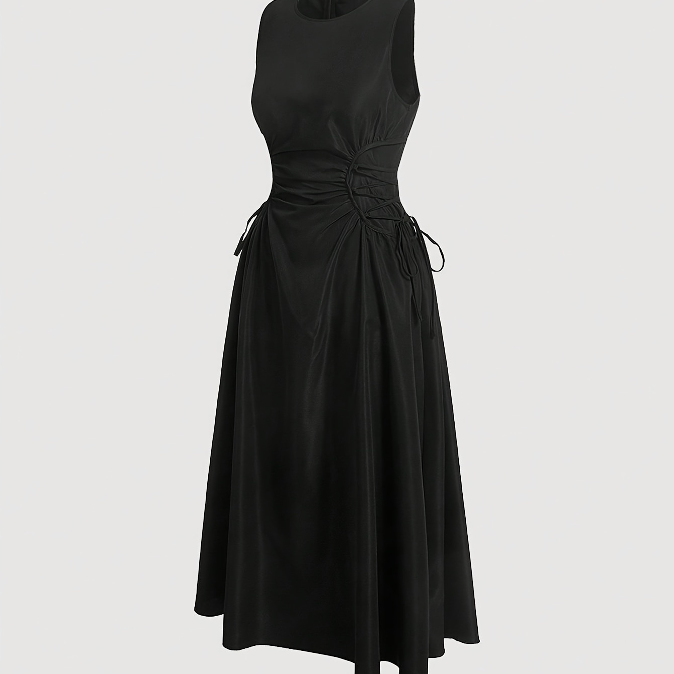 

Elegant Round Neck Cinched Waist Midi Dress For Women, Solid Color Polyester, Machine Washable, Long Skirt