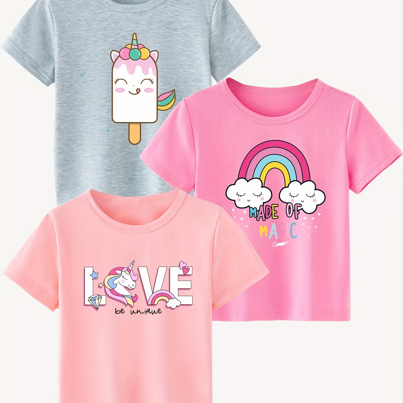 

3 Packs Girls Cute Unicorn & Rainbow Graphic Casual T-shirt Comfort Fit Short Sleeve Crew Neck Tees Top Kids Summer Clothes