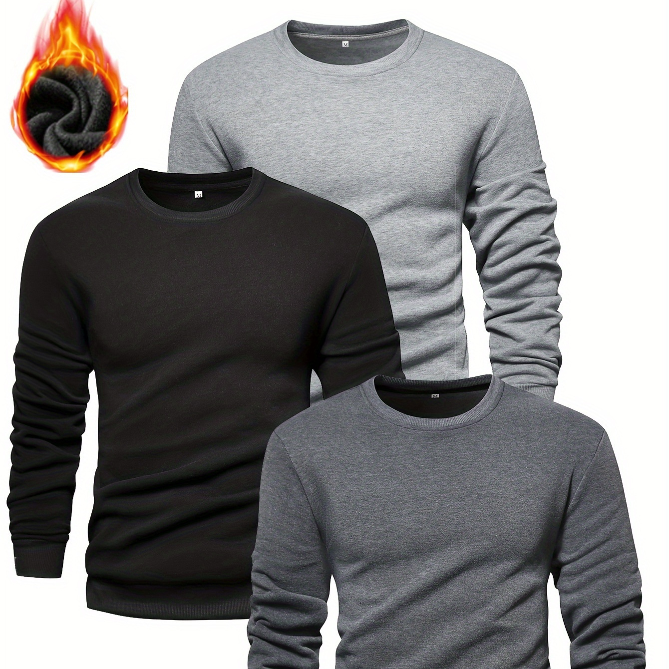

3pcs Solid Men's Autumn And Winter Knitted Sweatshirt, Long Sleeve Crew Neck Warm Loose Sports Top