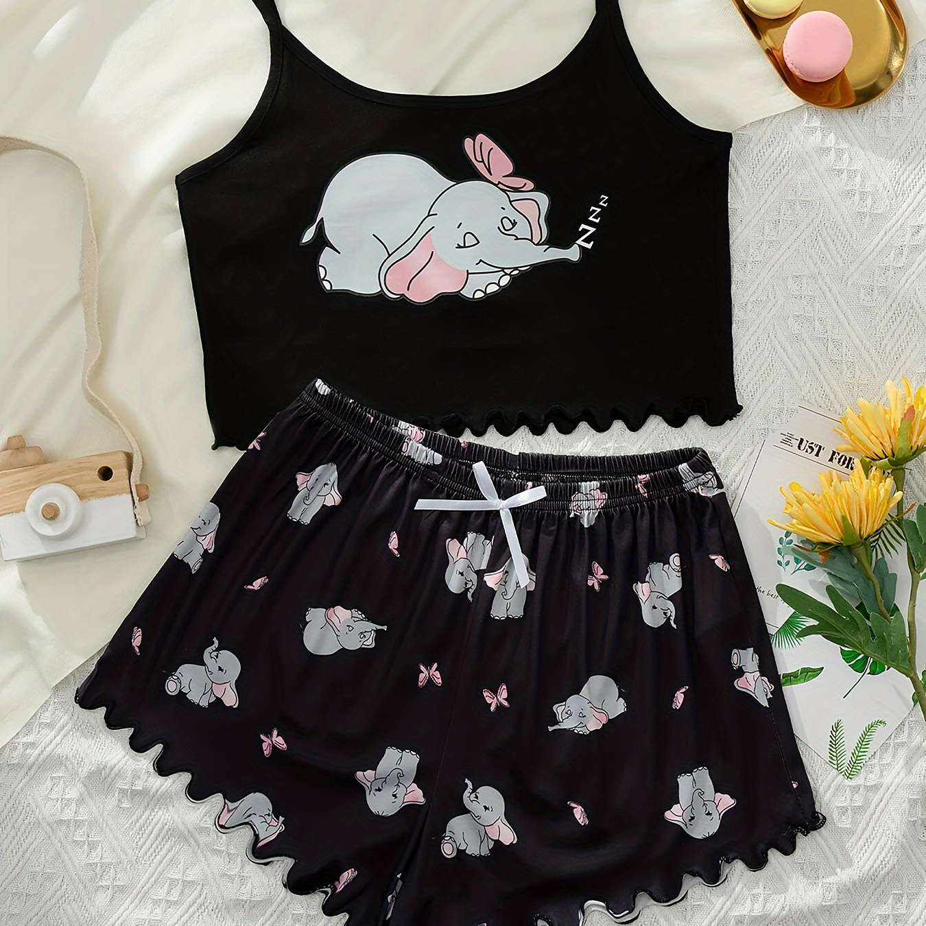 

Women's Cute Cartoon Frill Trim Pajama Set, Round Neck Backless Crop Cami Top & Shorts, Comfortable Relaxed Fit