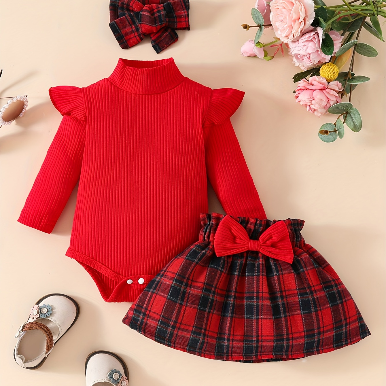 

2pcs 's Bow Decor Pattern + Ribbed Bodysuit + Hairband, Toddler & Infant Girl's Clothing Set For Fall, Cloth