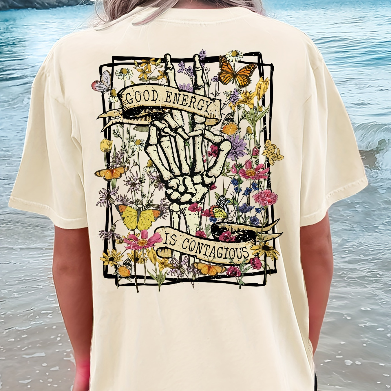 

Skull Hand Print T-shirt, Short Sleeve Crew Neck Casual Top For Summer & Spring, Women's Clothing