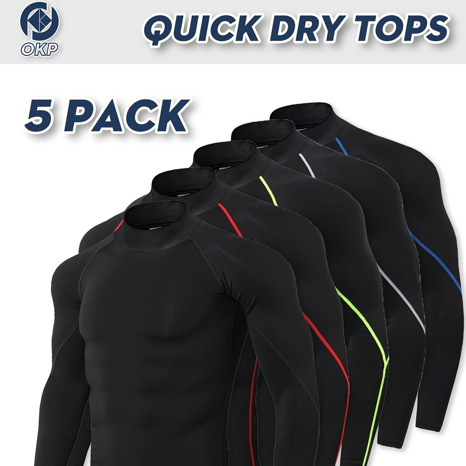 

5 Pack High Stretch Quick Dry Long Sleeve T-shirts For Men, Gym, Workout, Sport, Turtleneck Tight Athletic Tops