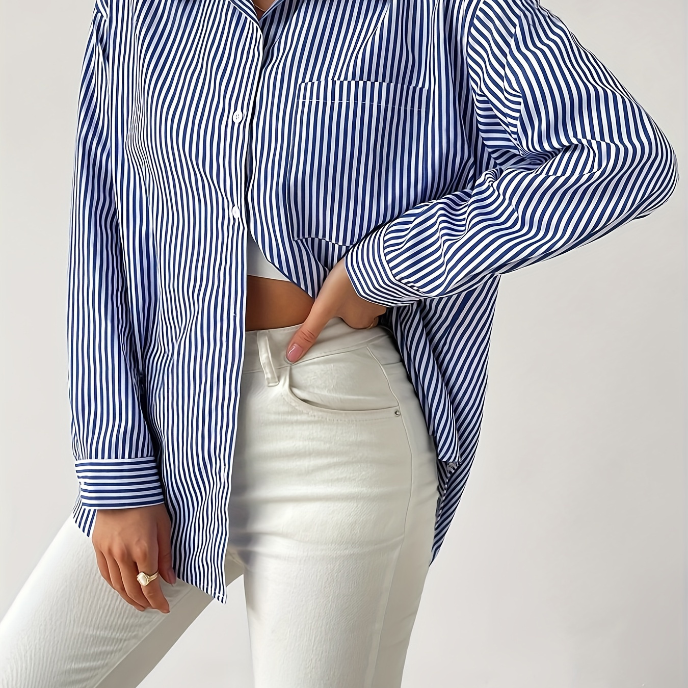 

Stripe Print Button Up Shirt, Elegant Breast Pocket Long Sleeve Collared Shirt For Spring & Fall, Women's Clothing