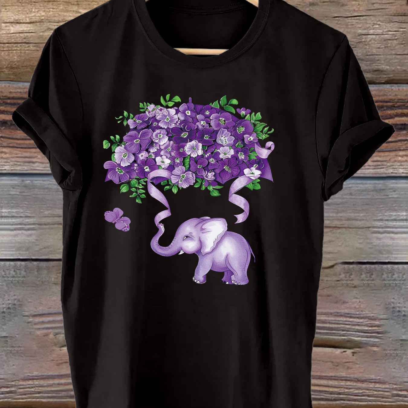 

Floral & Elephant Print T-shirt, Short Sleeve Crew Neck Casual Top For Summer & Spring, Women's Clothing