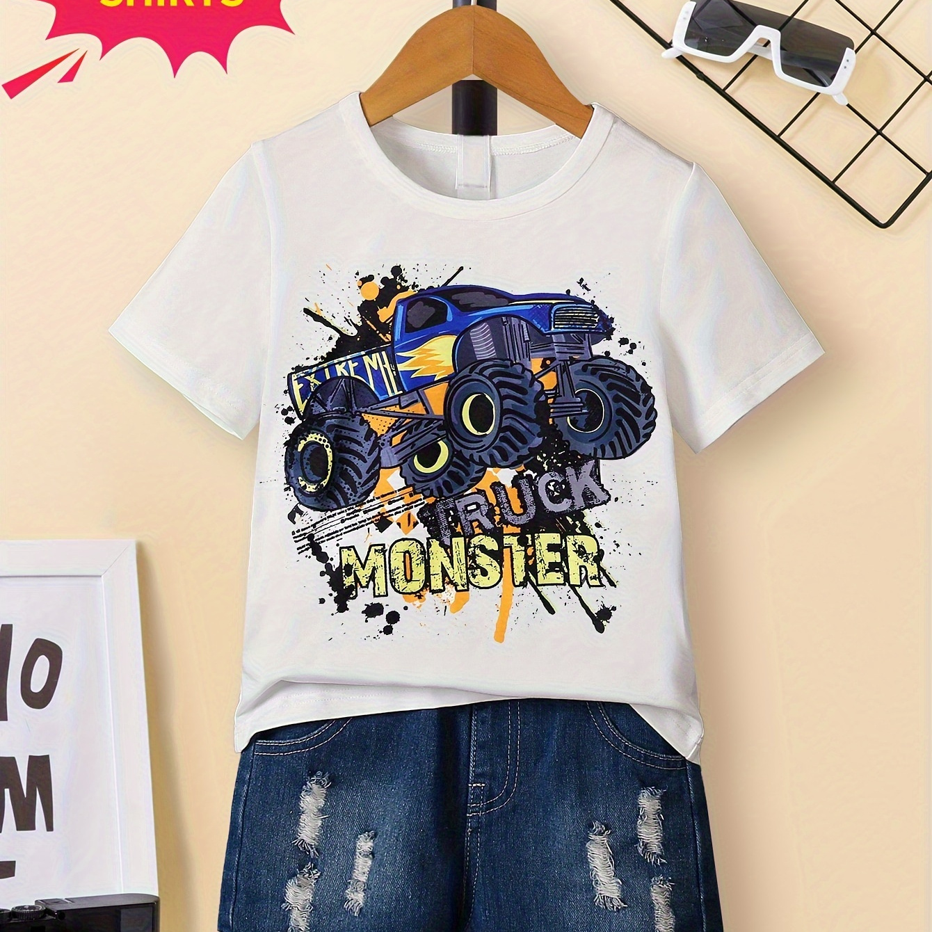 

Stylish Truck Print T-shirt, Tees For Boys, Casual Short Sleeve T-shirt For Summer Spring Fall, Tops As Gifts