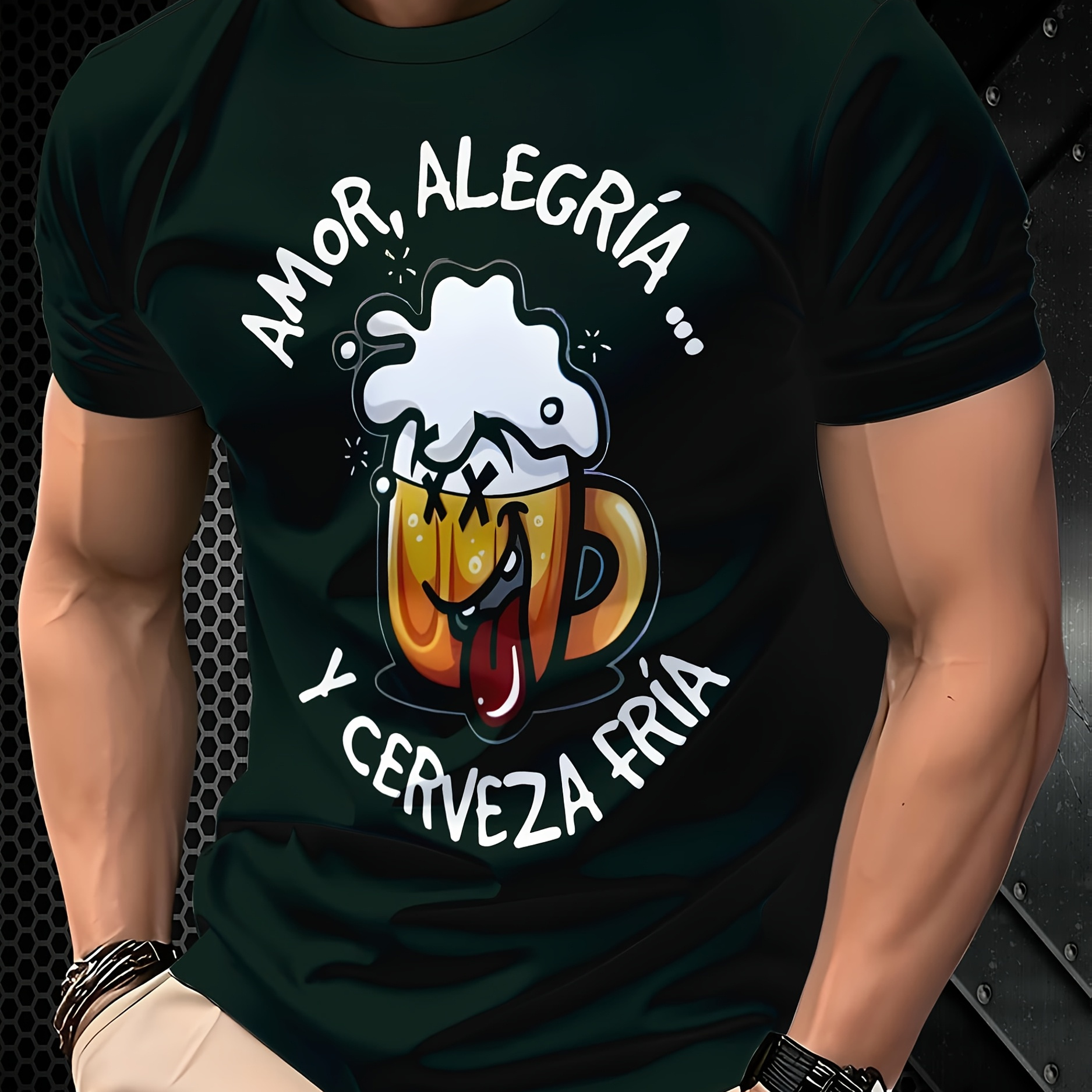 Camiseta deportiva de manga corta para hombre, cómoda y versátil, con estampado animado de cerveza, cuello redondo y elegante