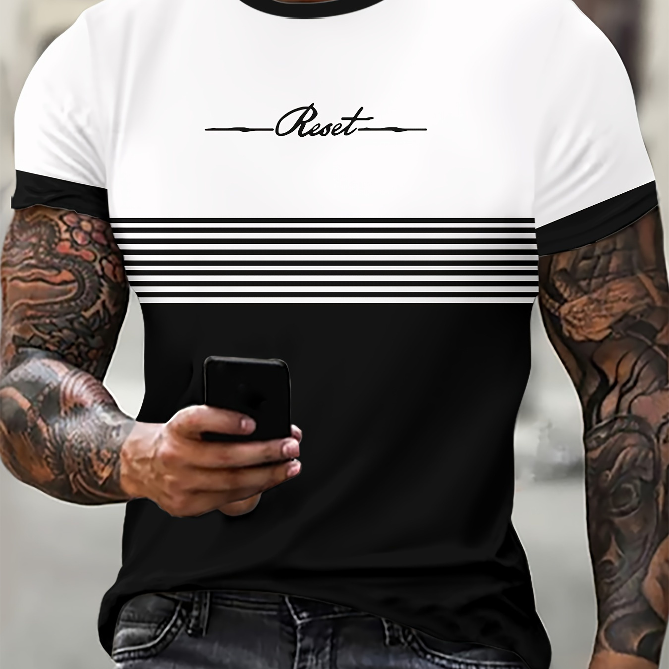 

Men's Summer Casual Gradient Letter Print T-shirt - Short Sleeve, Crew Neck, 100% Polyester, Machine Washable, In /