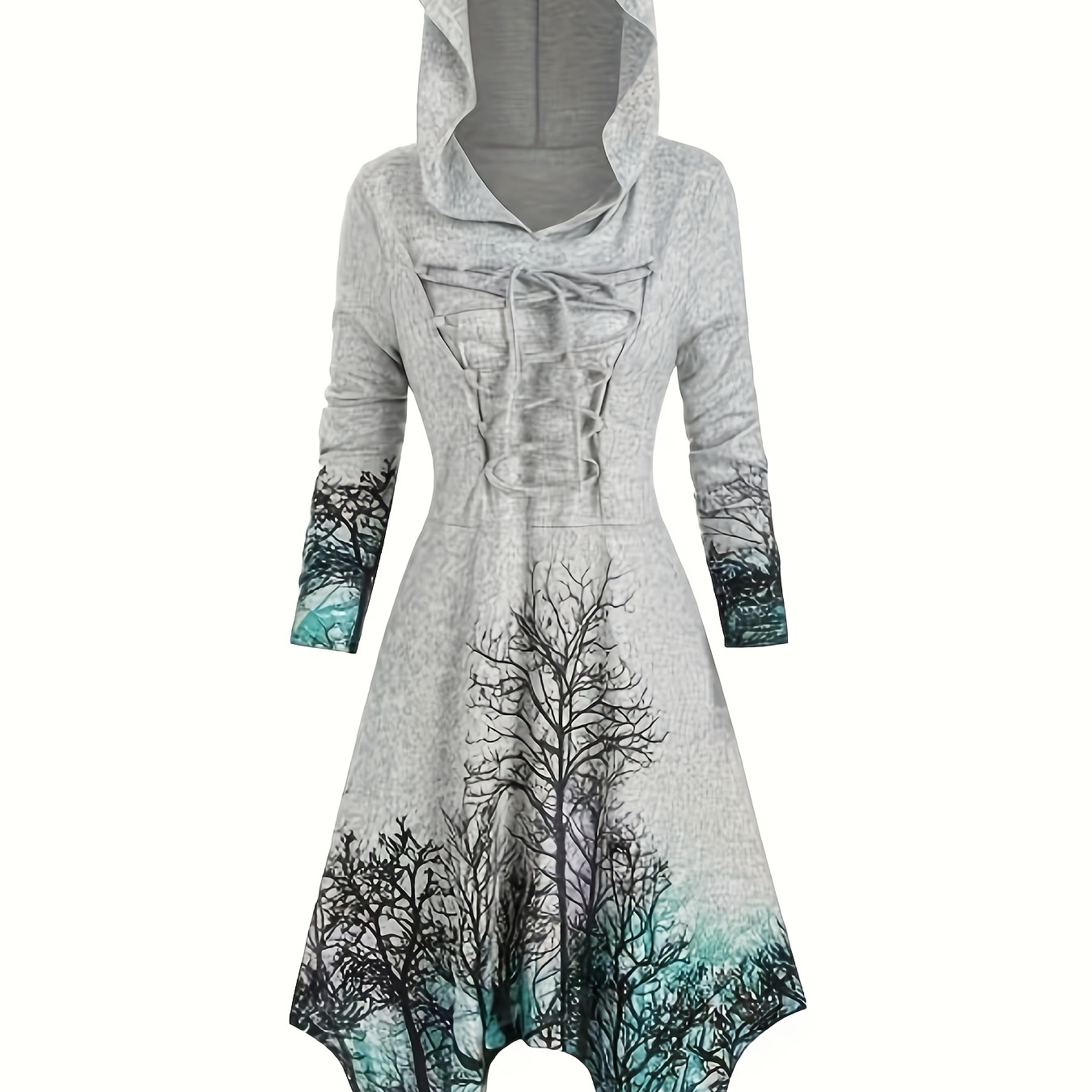 

Gothic Graphic Print Drawstring Hooded Dress, Casual Long Sleeve Dress For Spring & Fall, Women's Clothing